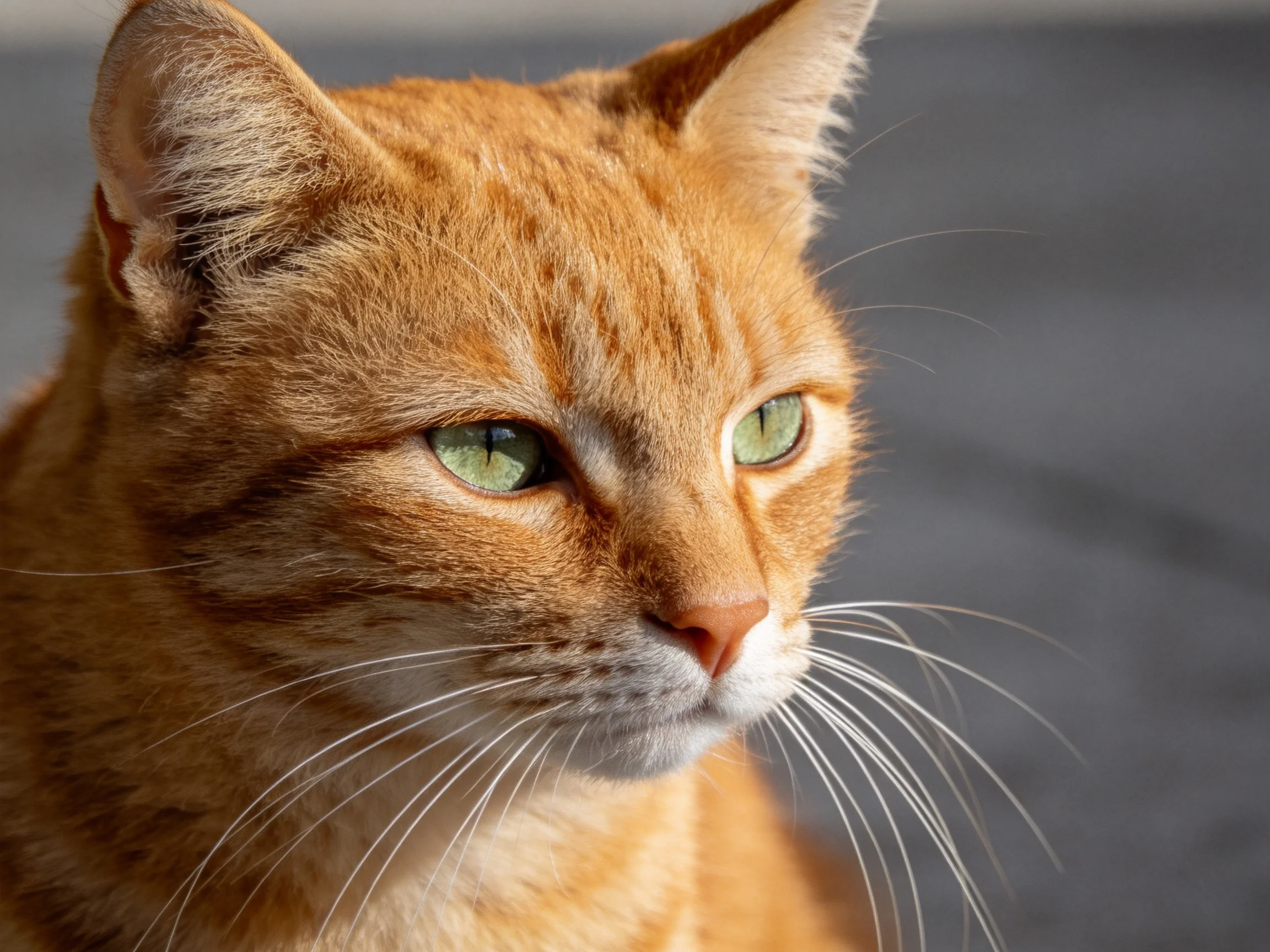 A close-up of a ginger cat with green eyes against a blurred gray background