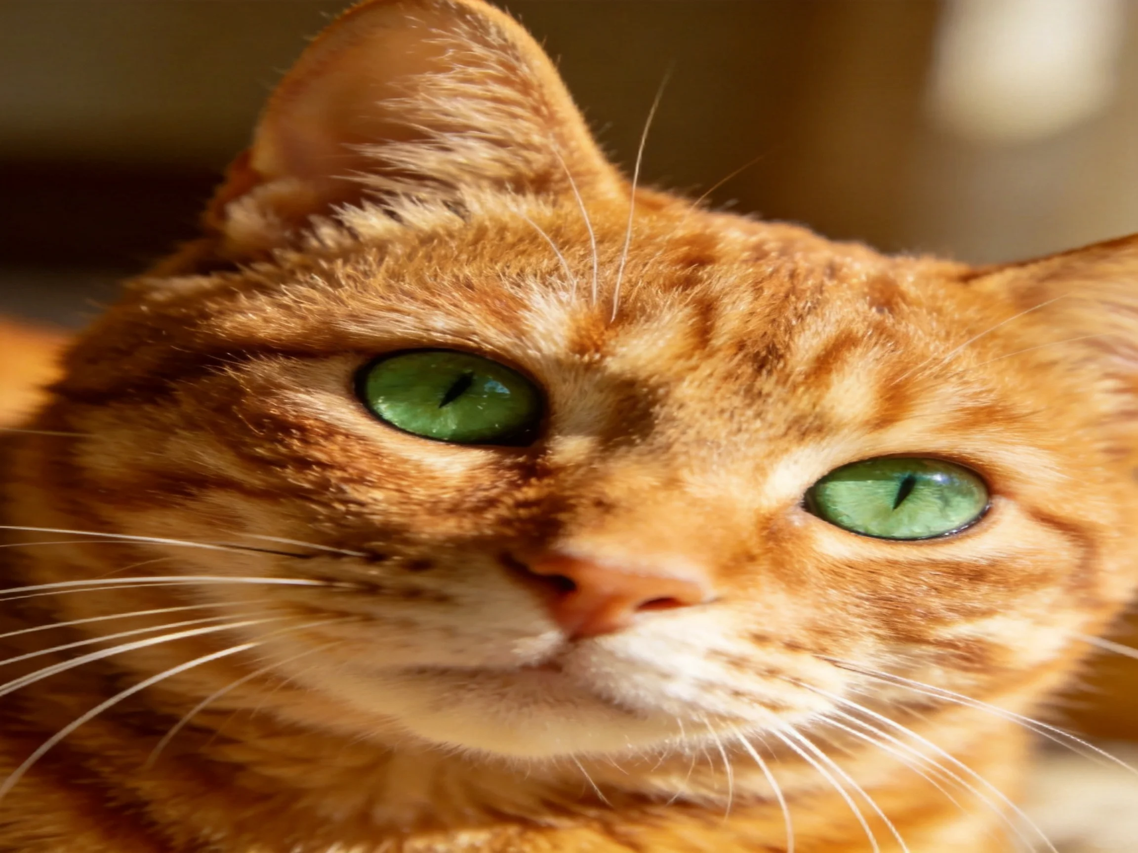 A close-up of a ginger tabby cat with bright green eyes