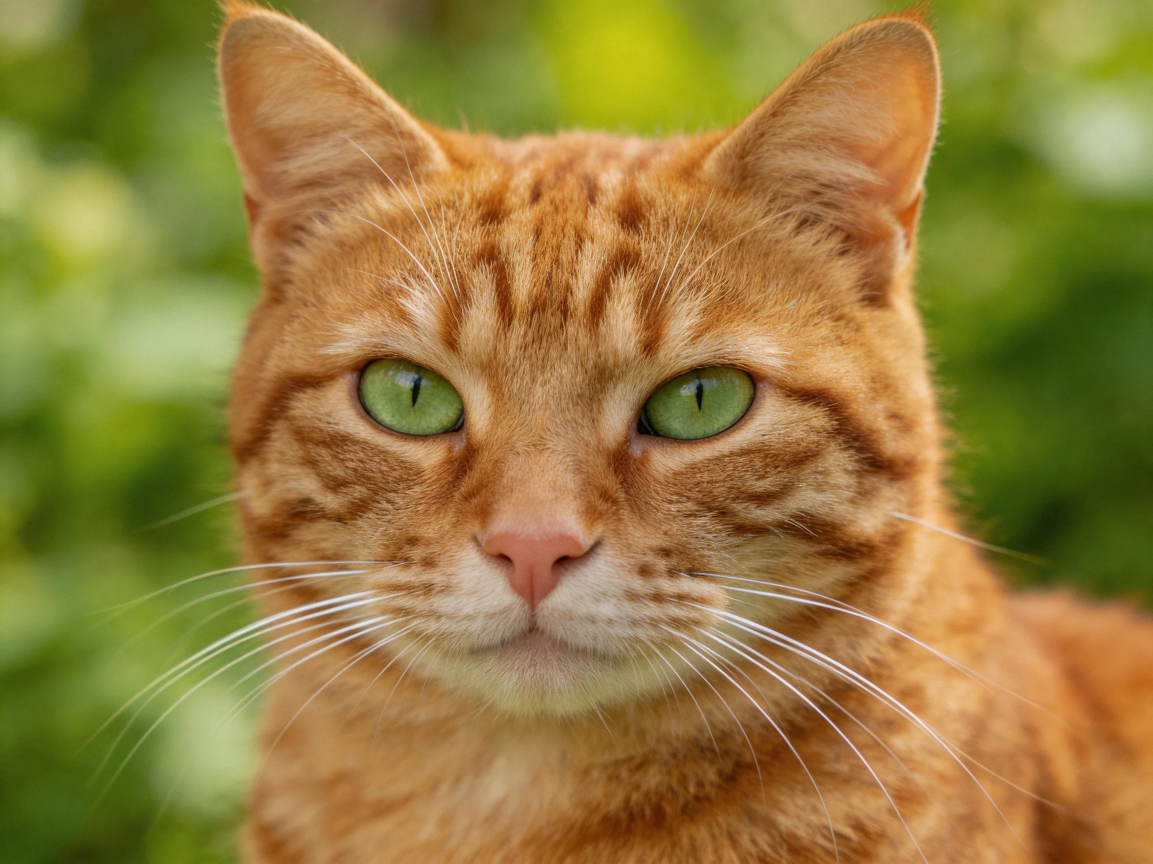 A ginger tabby cat with green eyes is photographed up close outdoors.