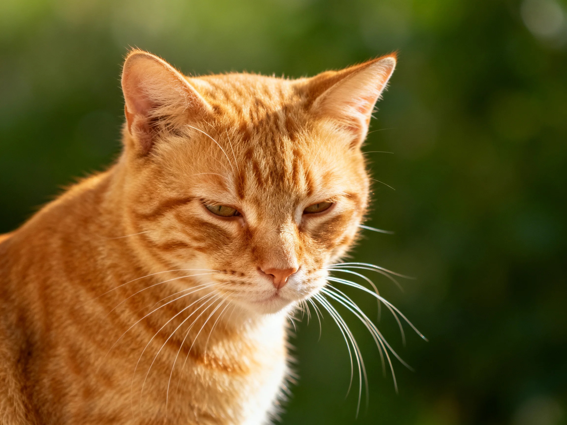 A golden-orange tabby cat appears calm with a blurred green background.