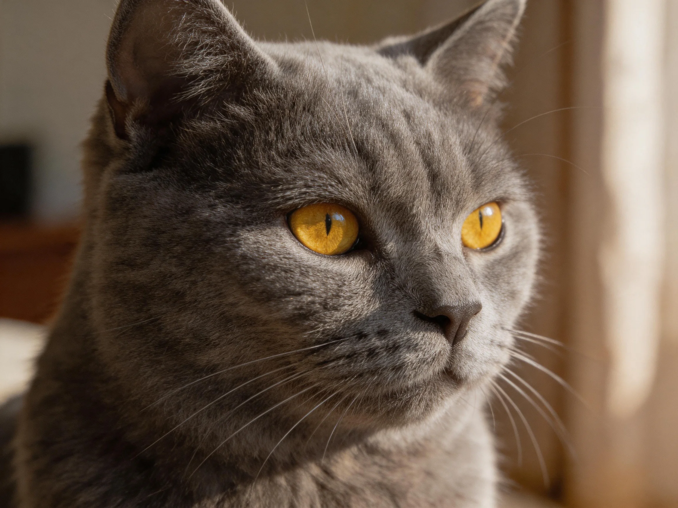 A gray cat with yellow eyes sits near a window in soft lighting.