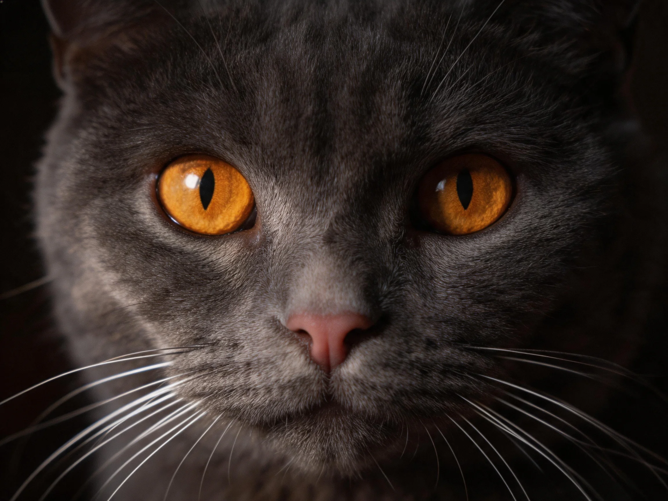 A close-up of a gray cat with striking amber eyes against dark surroundings