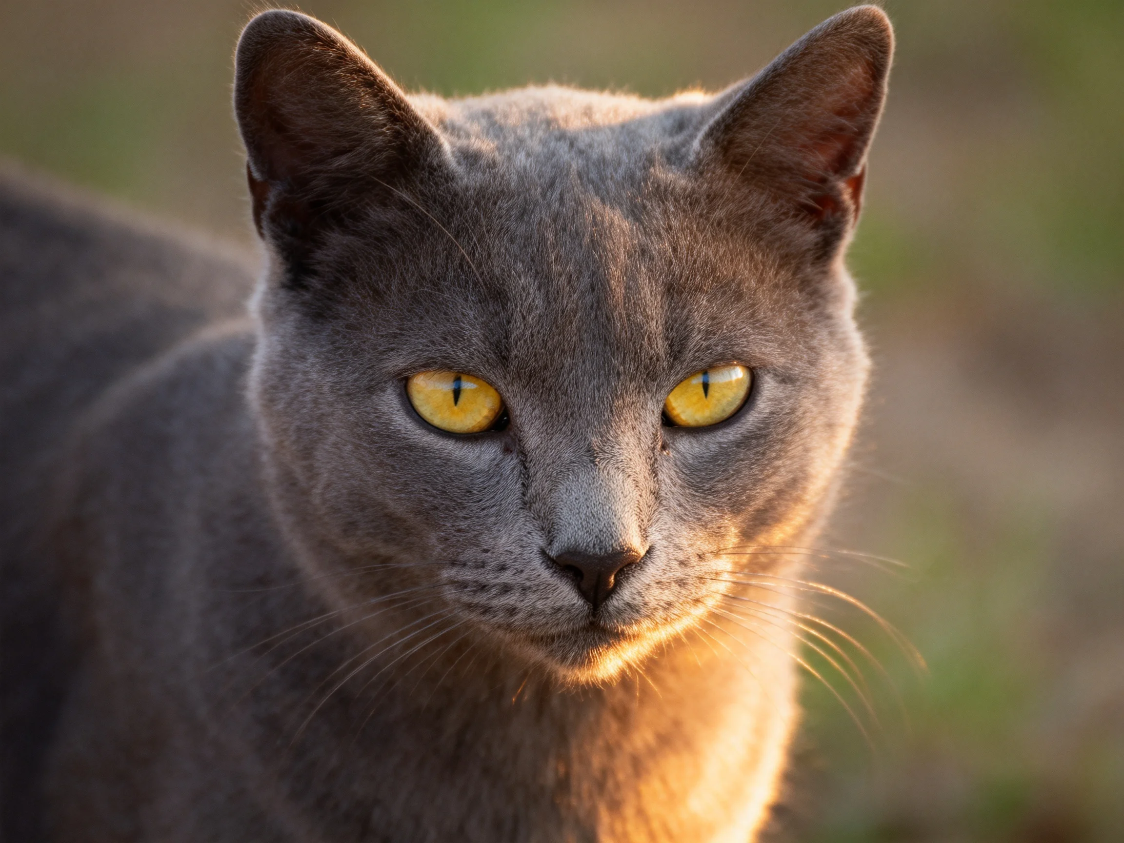 A gray cat with yellow eyes is photographed up close in soft lighting.