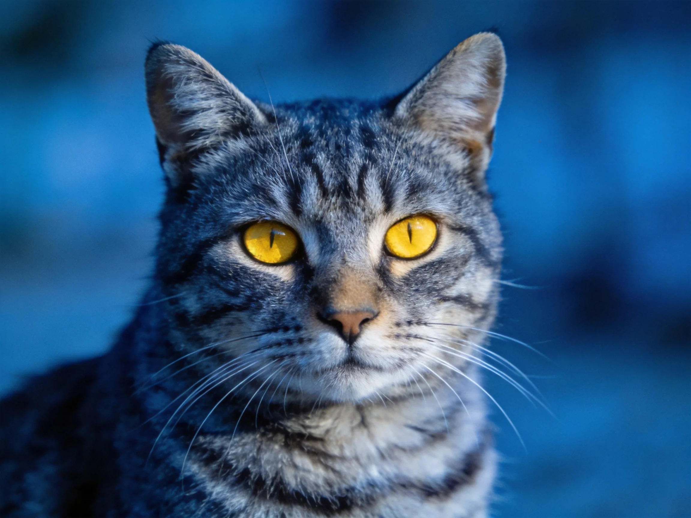 A gray tabby cat with vivid yellow eyes is shown up close against a blue background.