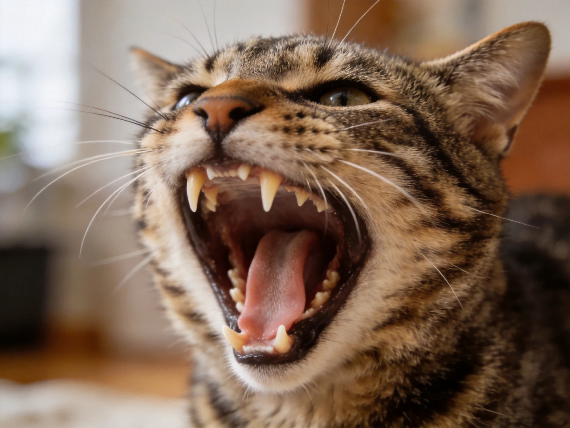 A close-up of a tabby cat showing its sharp teeth
