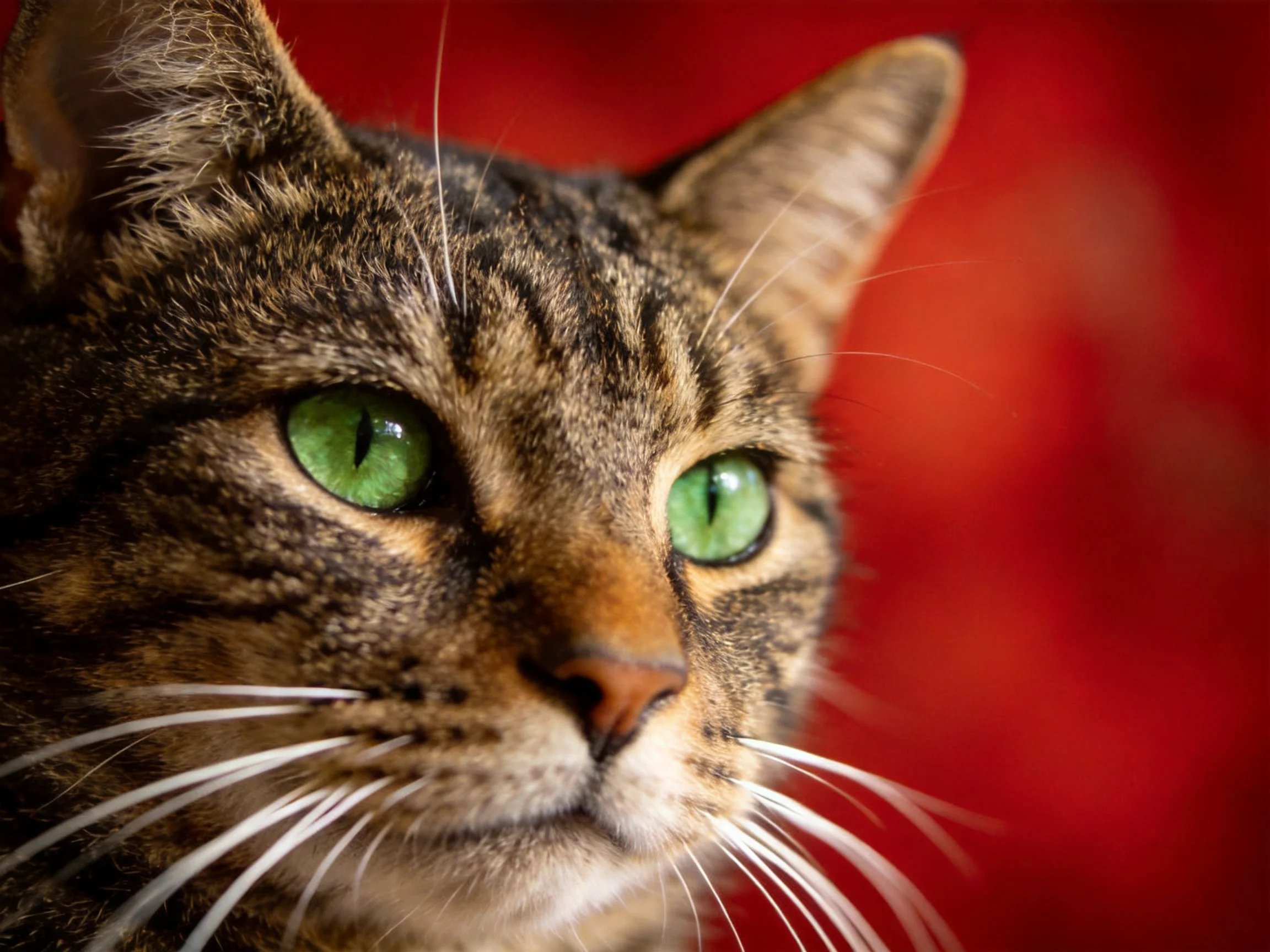 A tabby cat with striking green eyes is photographed up close against a red background.