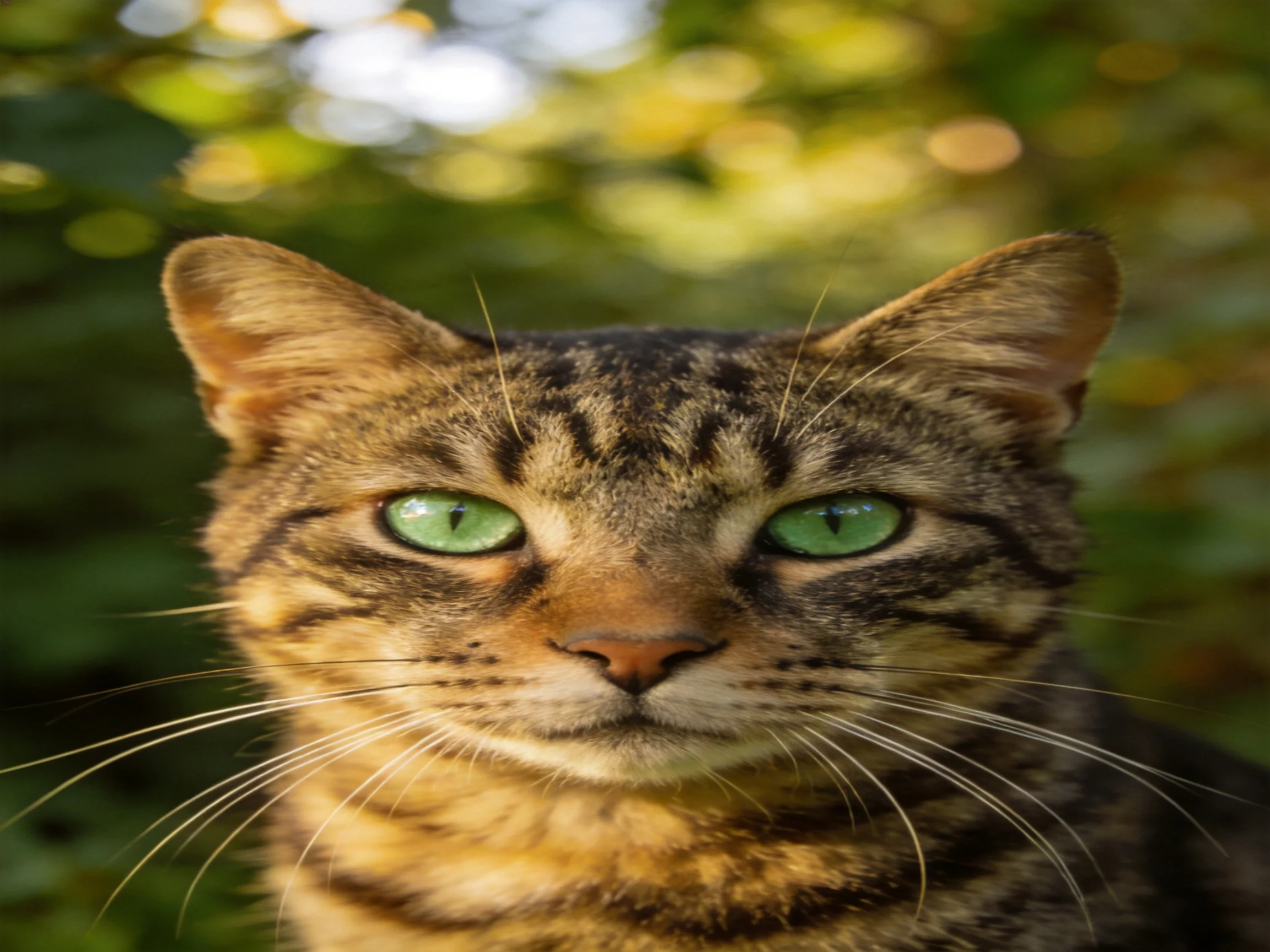 A close-up of a tabby cat with bright green eyes against blurred greenery