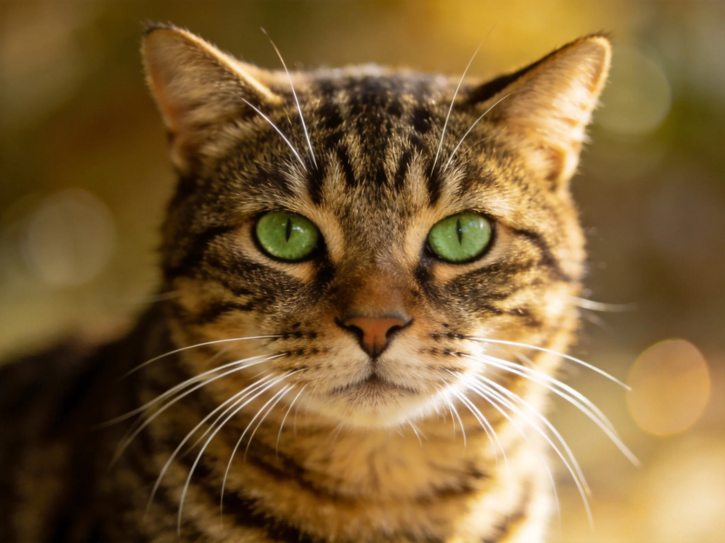 A tabby cat with bright green eyes is shown in a close-up photograph.