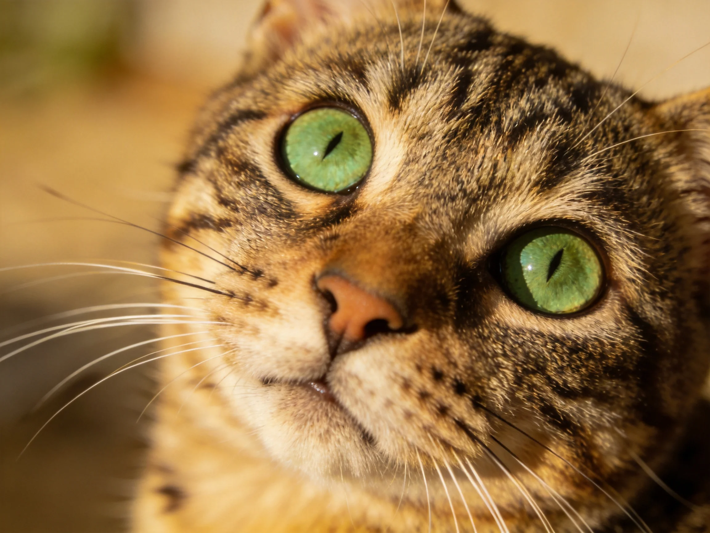 A tabby cat with bright green eyes is shown in a close-up photograph.