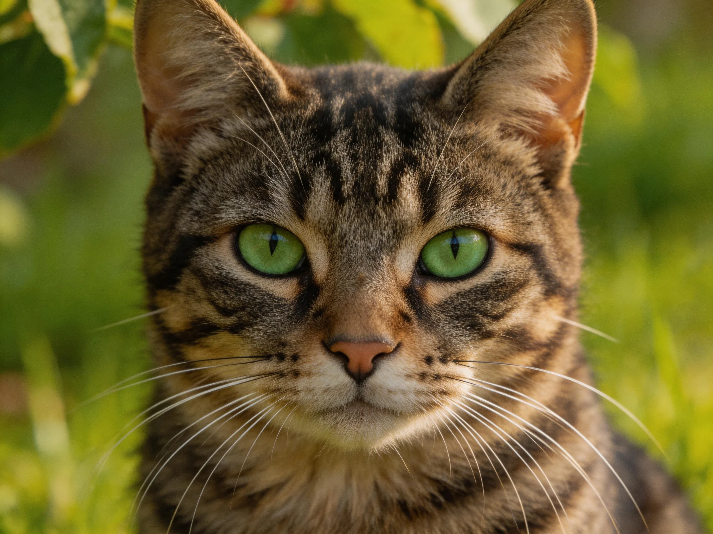 A tabby cat with vivid green eyes is shown outdoors near green foliage.