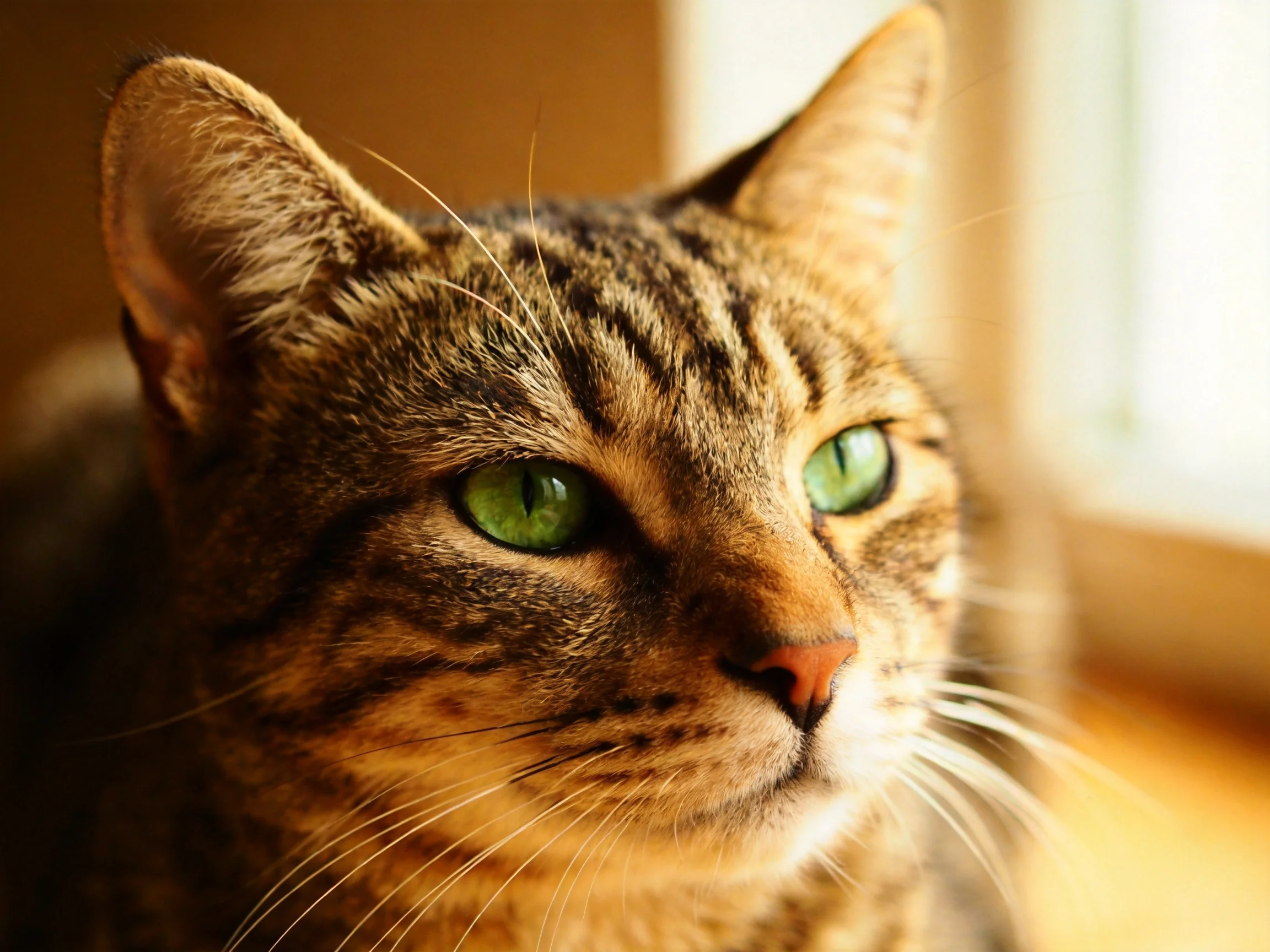 A tabby cat with green eyes rests near a softly lit area.