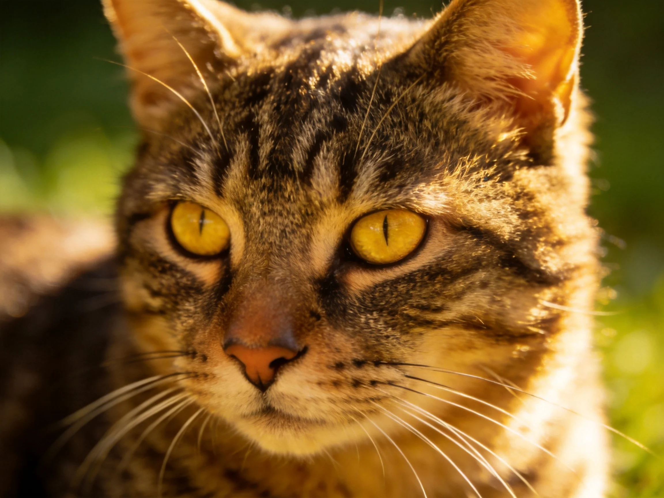 A tabby cat with bright yellow eyes is shown up close in a sunlit setting.