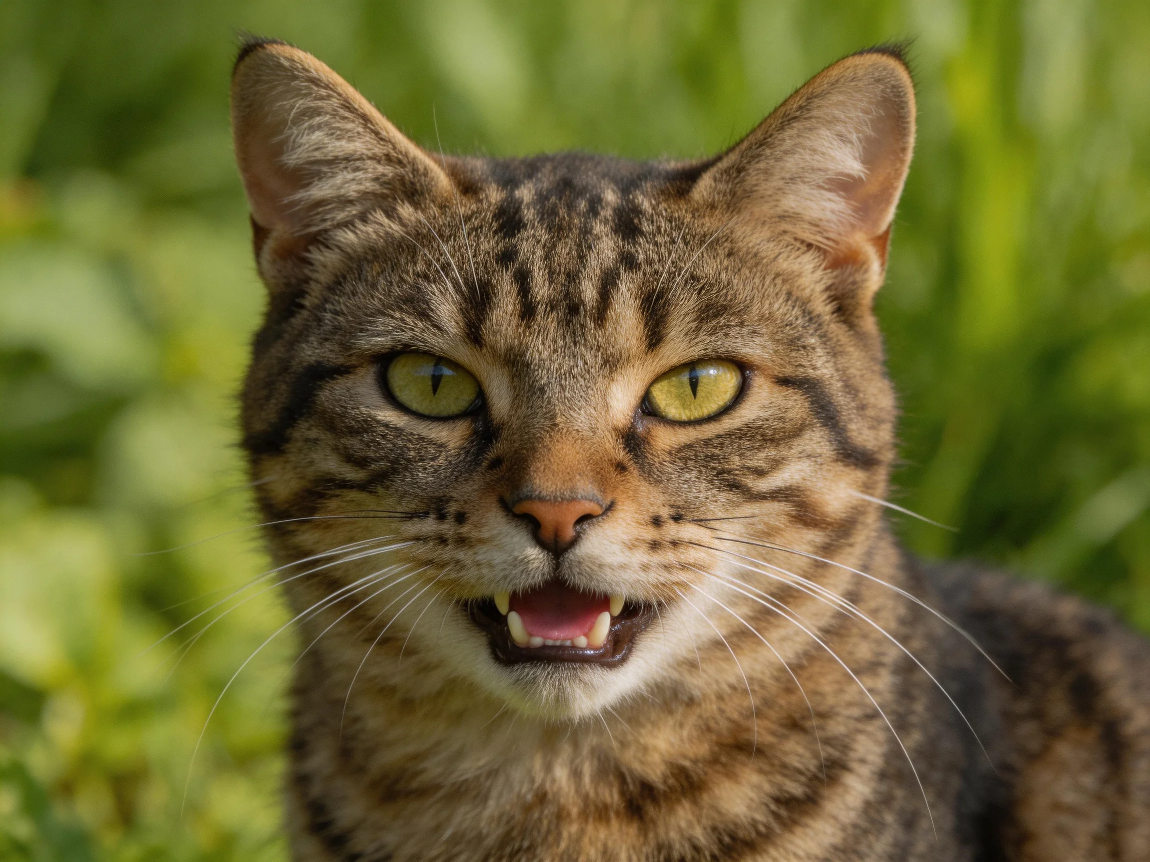 A tabby cat with bright yellow eyes appears alert amid green foliage.