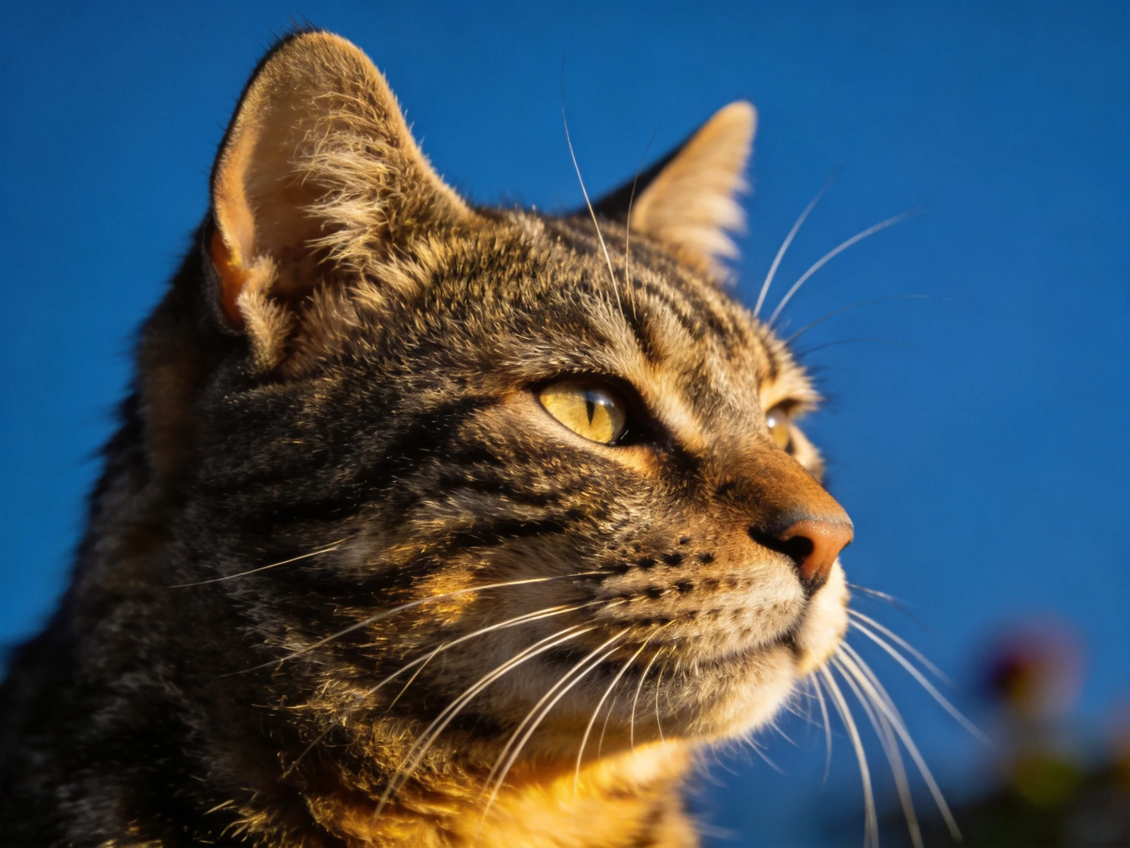 A tabby cat gazes toward the distance with a blue sky backdrop.
