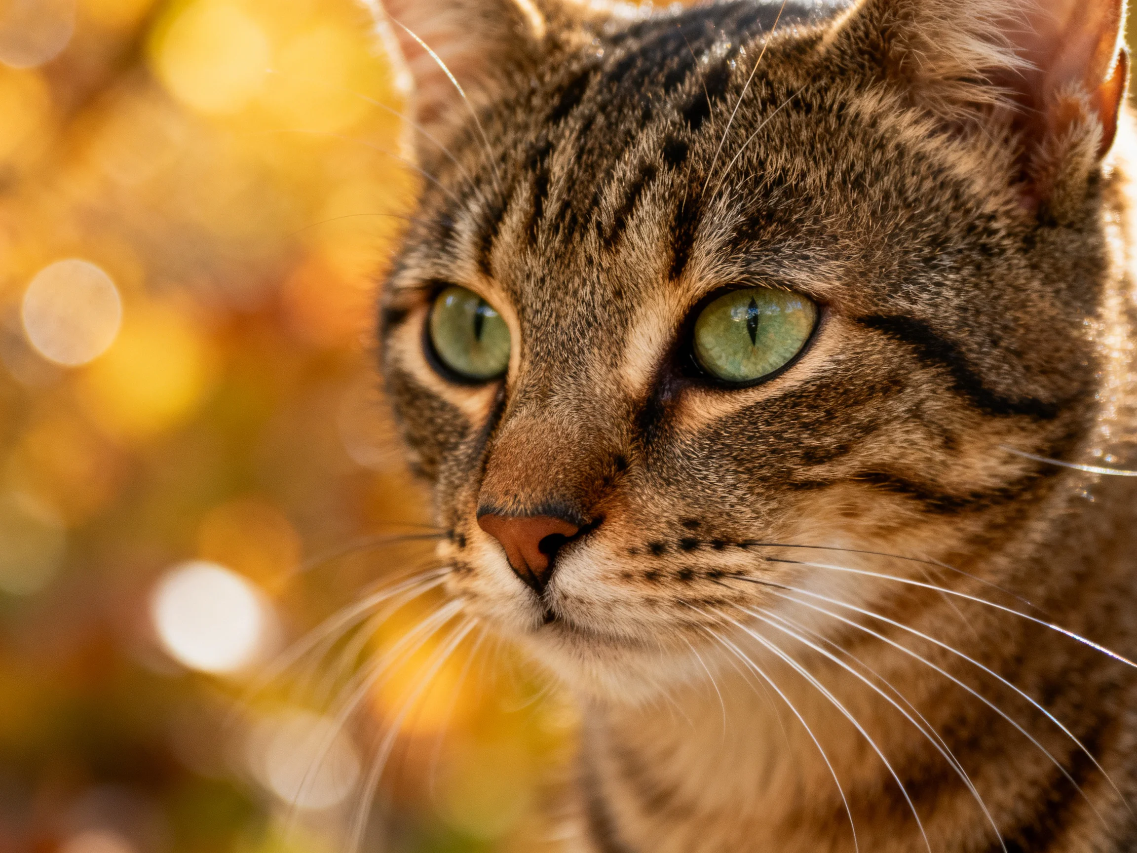 A tabby cat with green eyes is shown up close against a softly blurred golden backdrop.