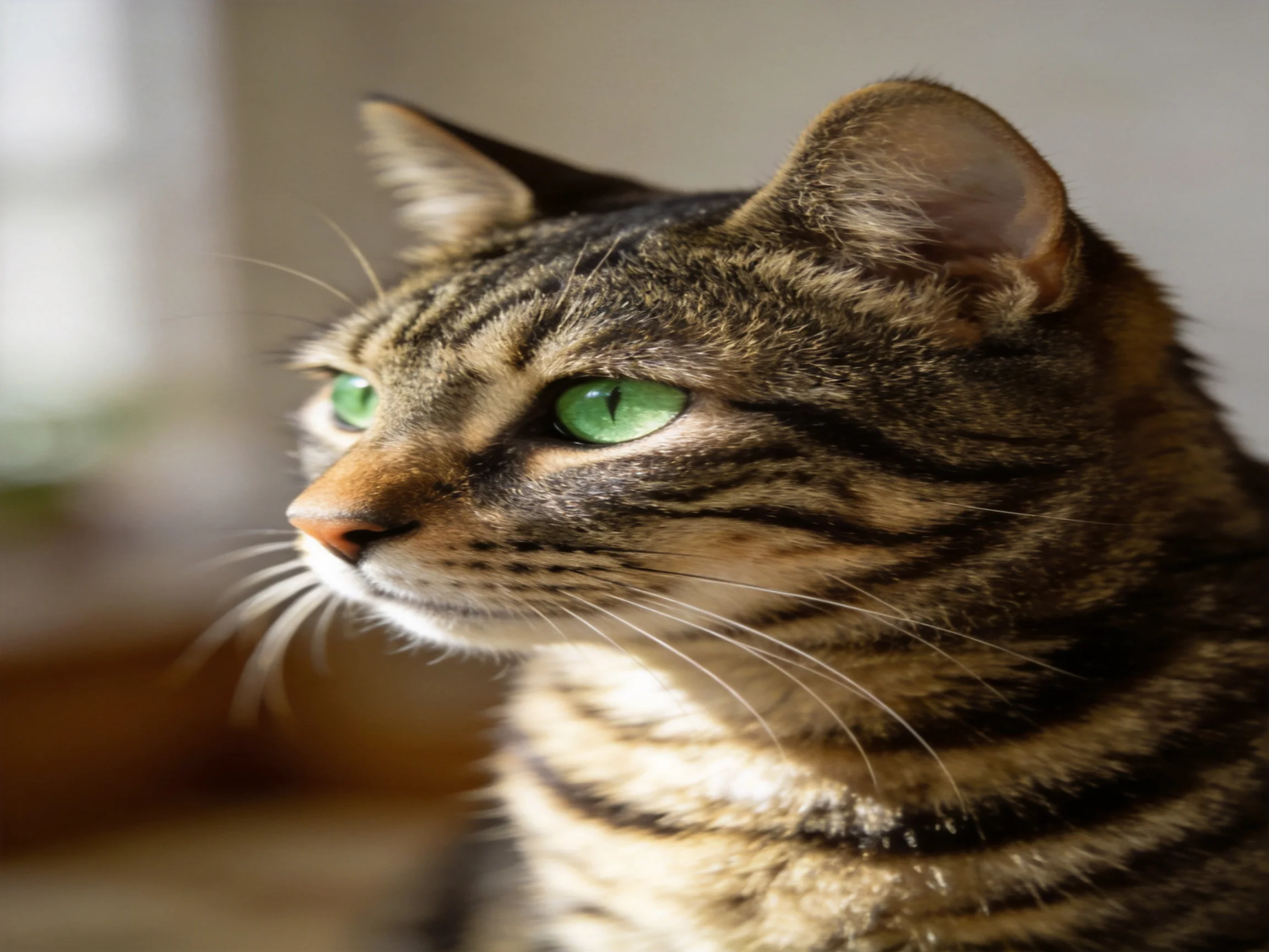 A close-up of a tabby cat with striking green eyes