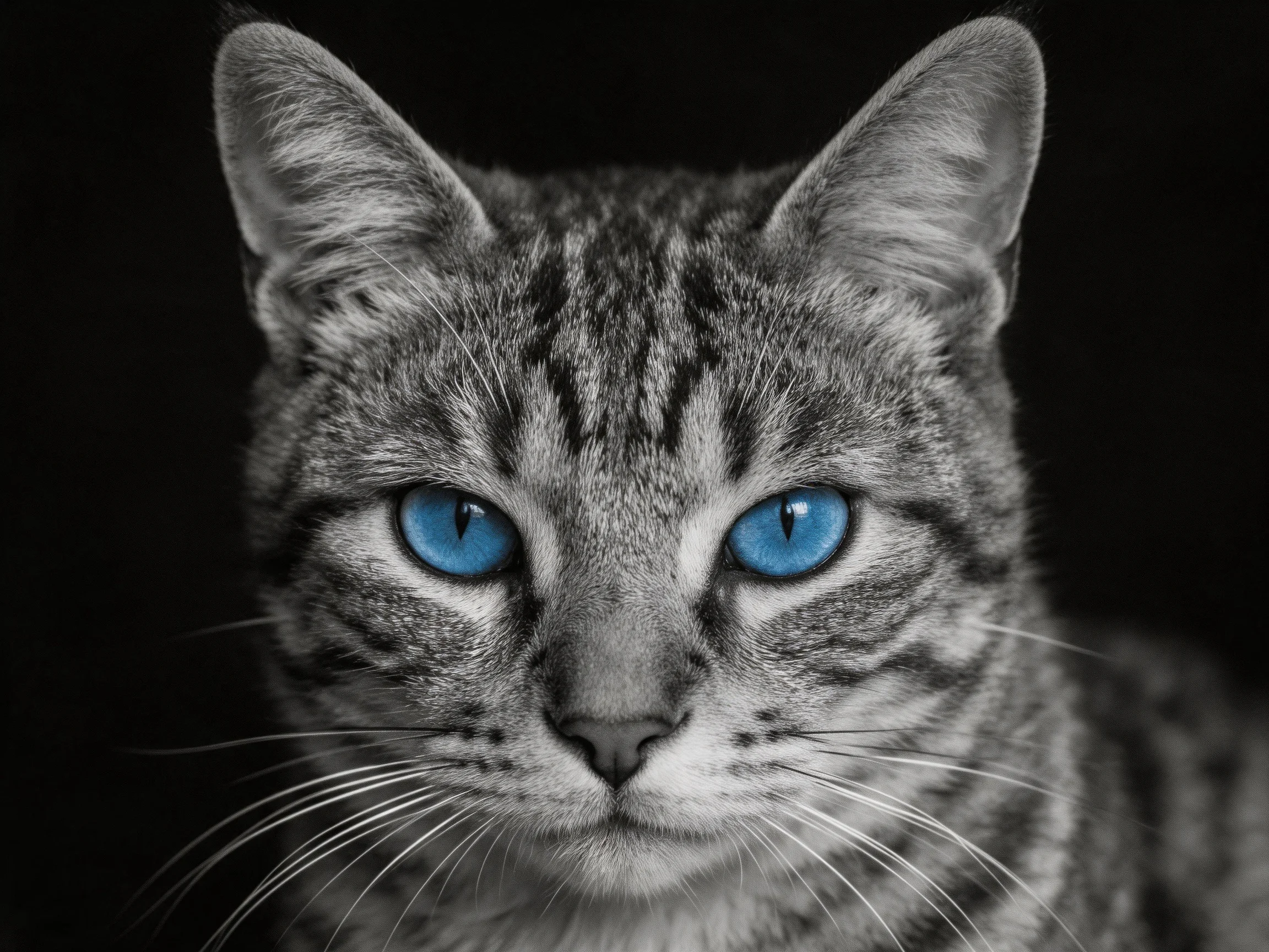 A tabby cat with vibrant blue eyes stands out against a dark background.