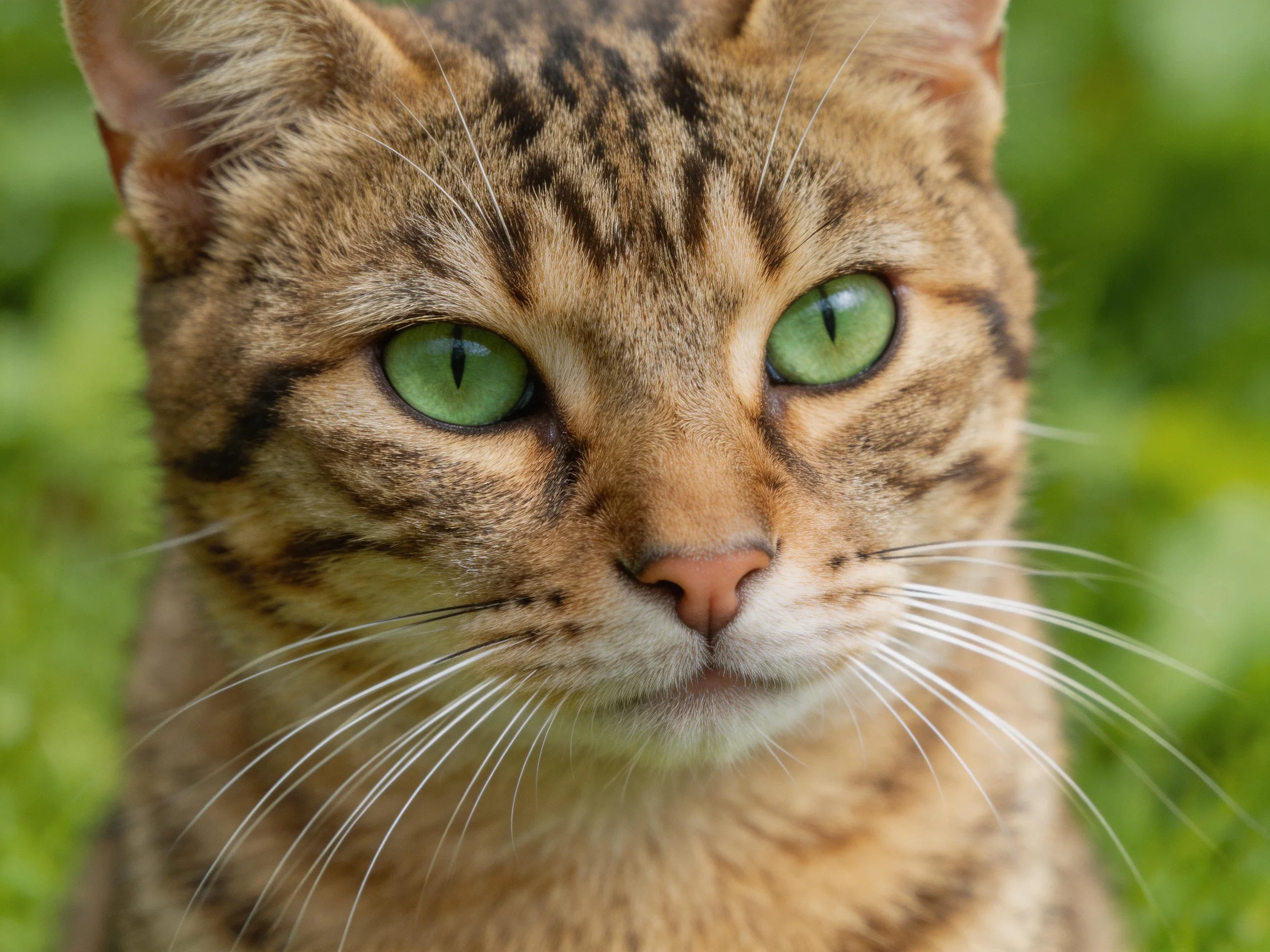 A close-up of a tabby cat with vibrant green eyes