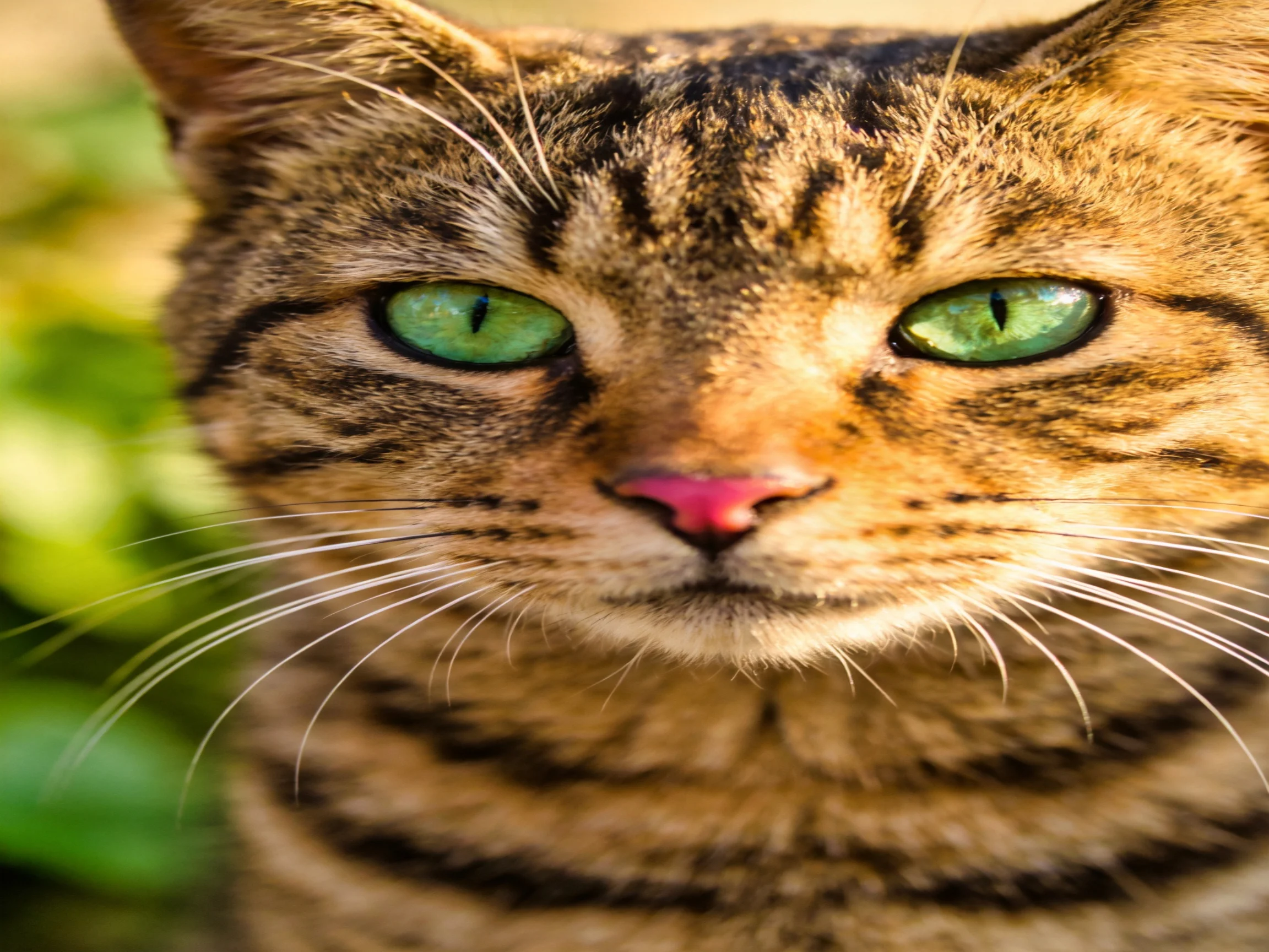 A close-up shows a tabby cat with vivid green eyes in a natural setting.