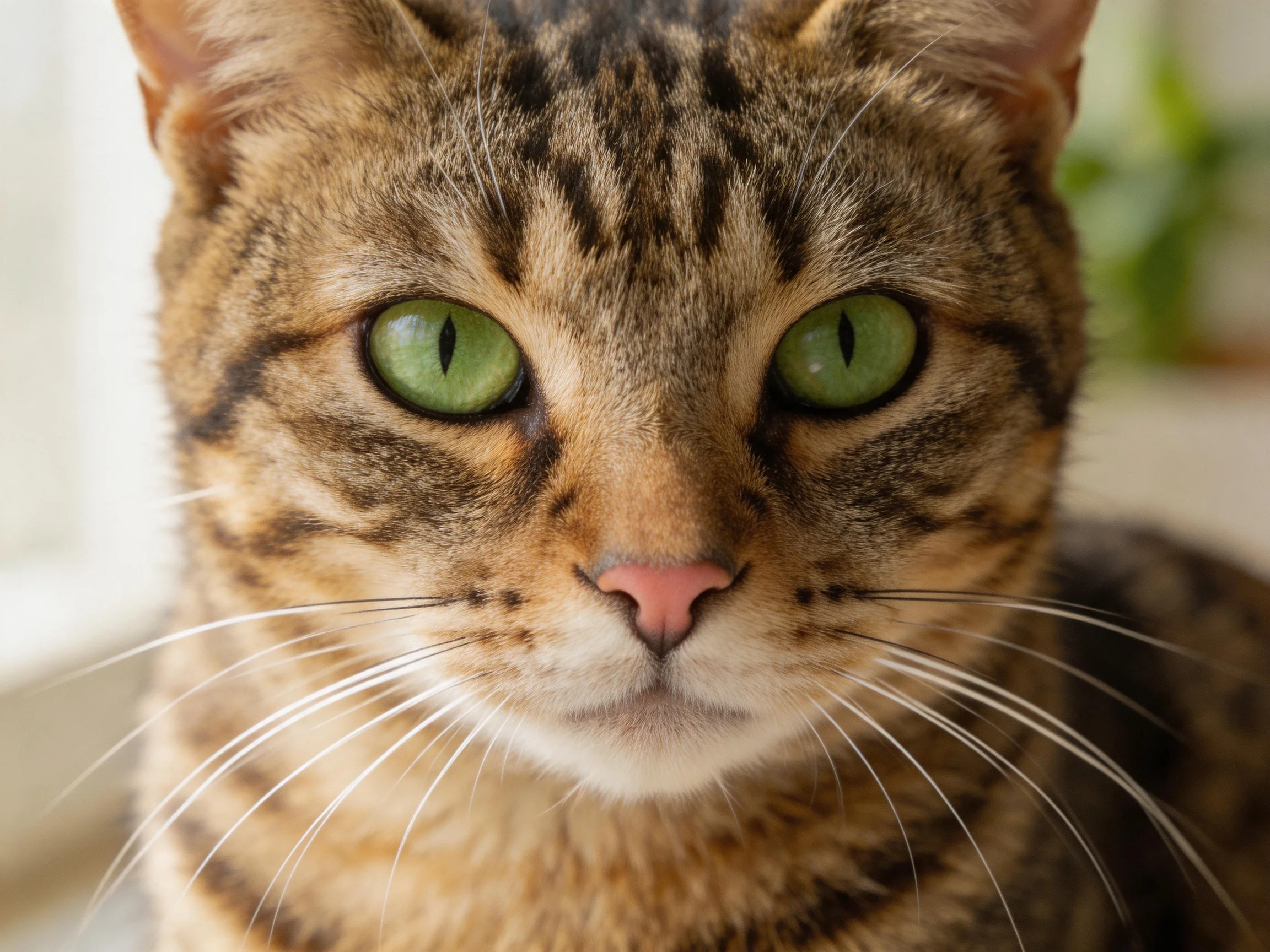 A close-up view of a tabby cat with bright green eyes and brown fur patterns.