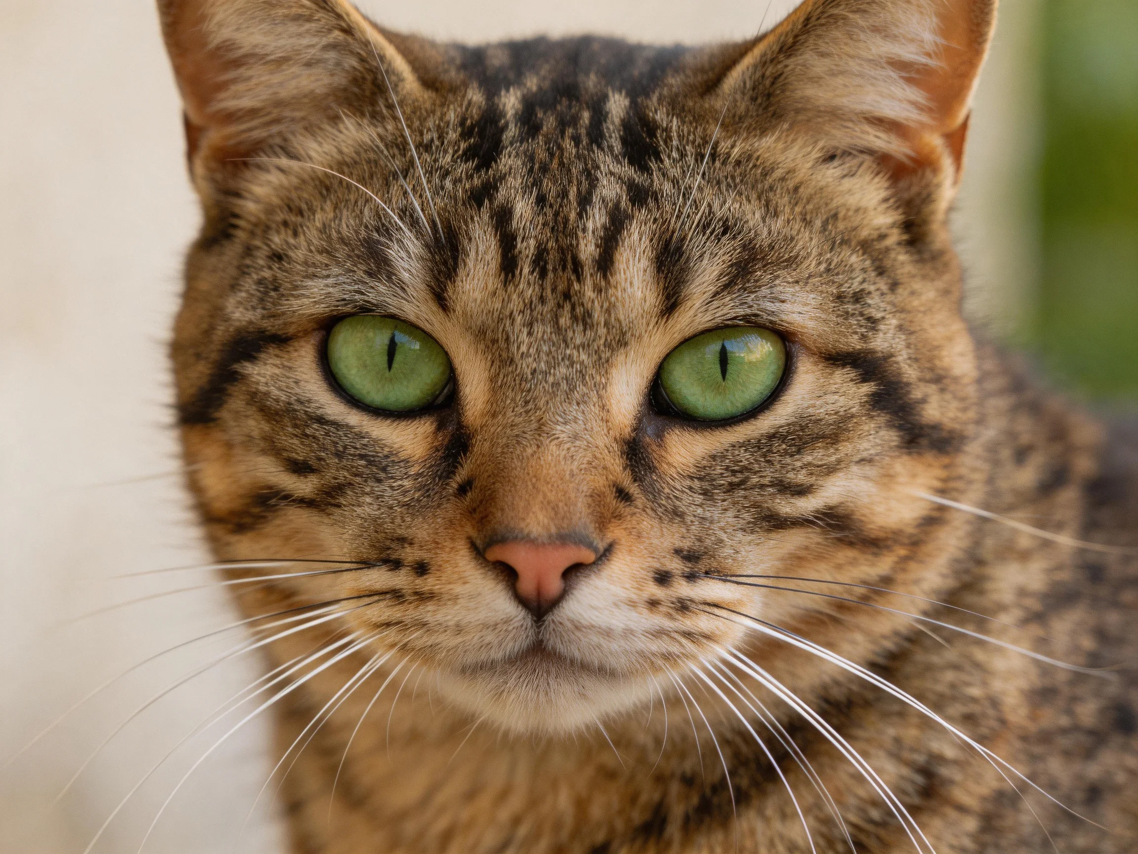 A tabby cat with green eyes is photographed closely.