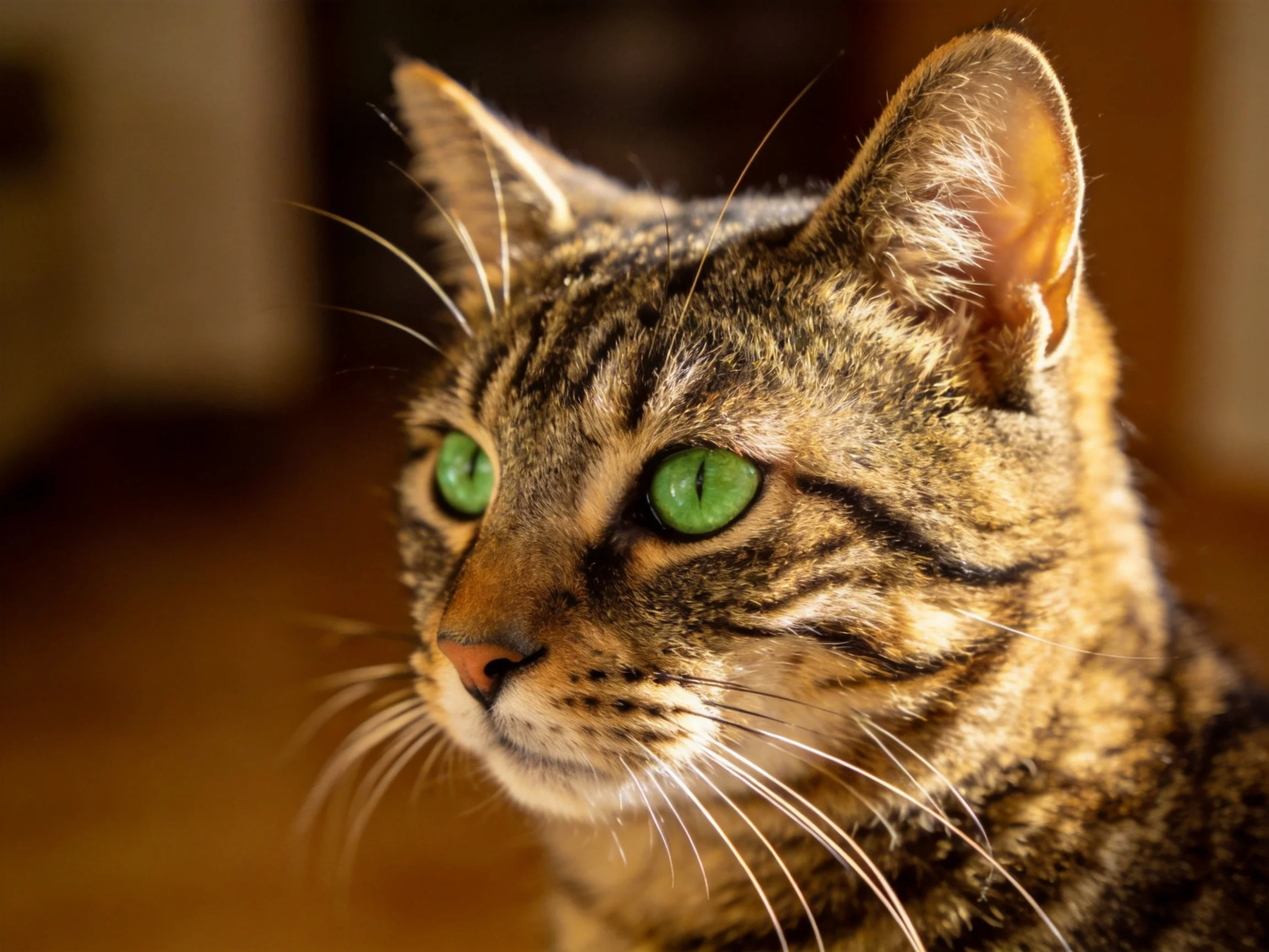A close-up of a tabby cat with vivid green eyes in warm lighting