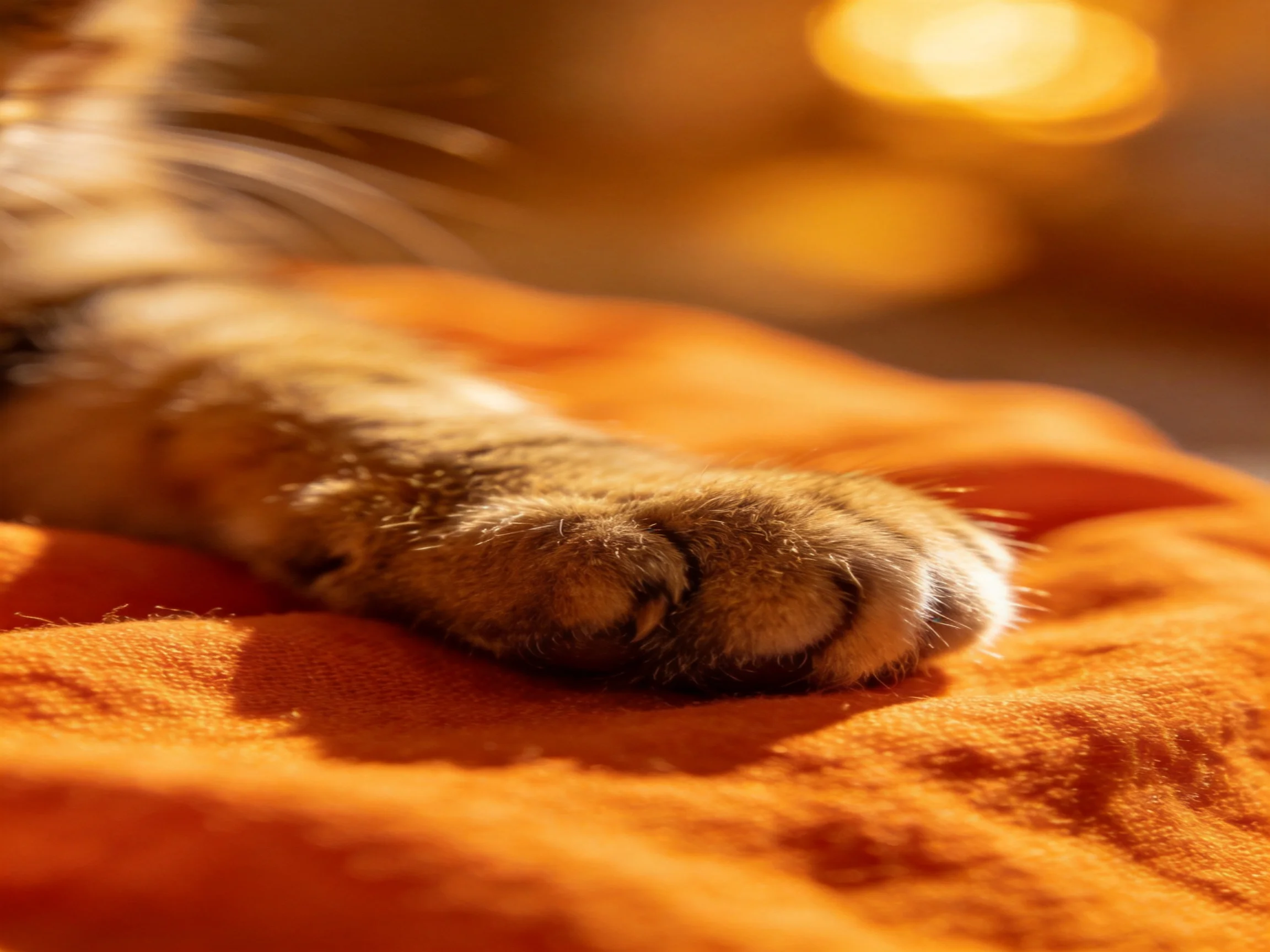 A close-up of a tabby cat’s paw resting on a vibrant orange fabric