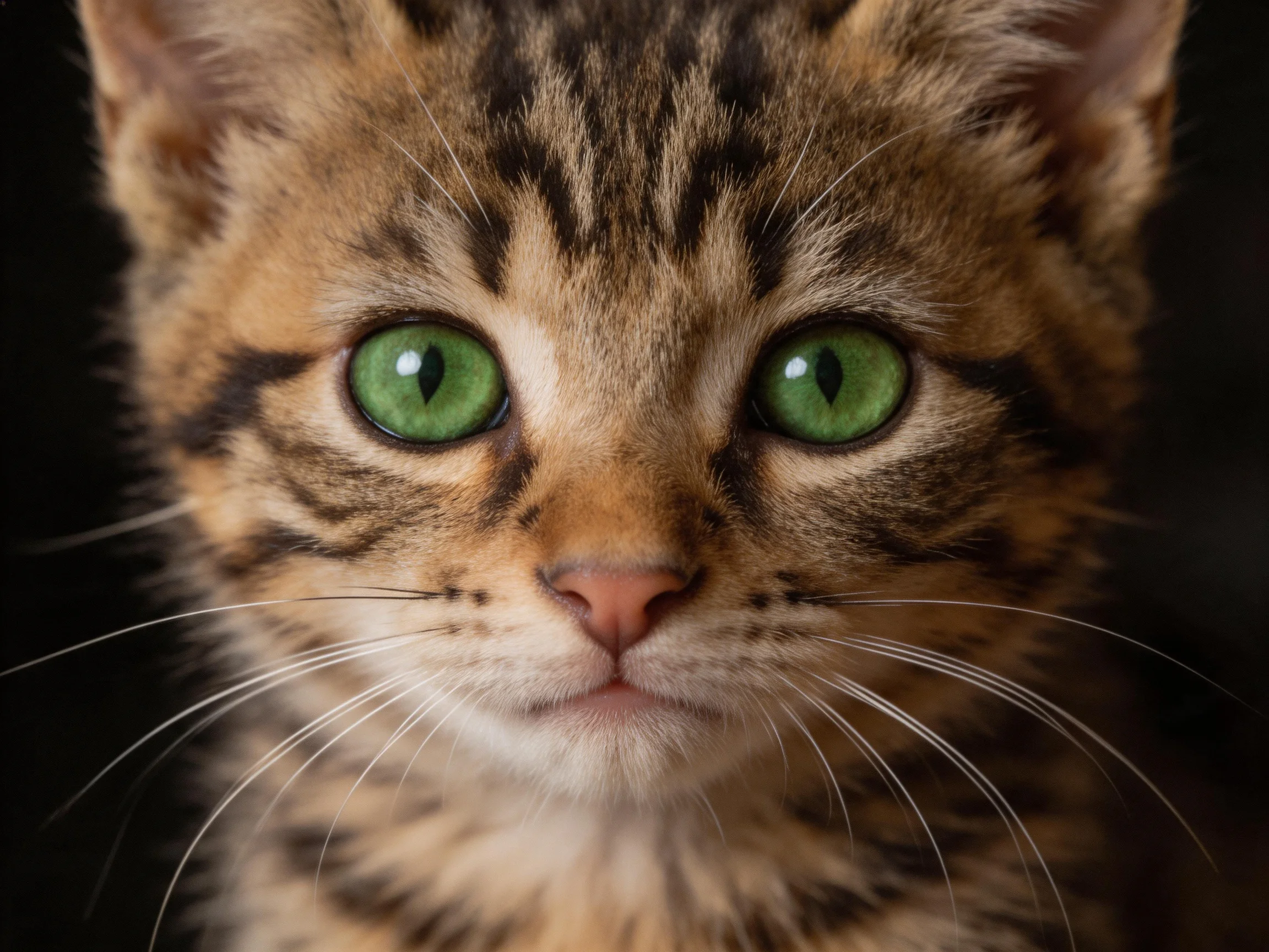 A tabby kitten with bright green eyes and striped fur is shown up close.