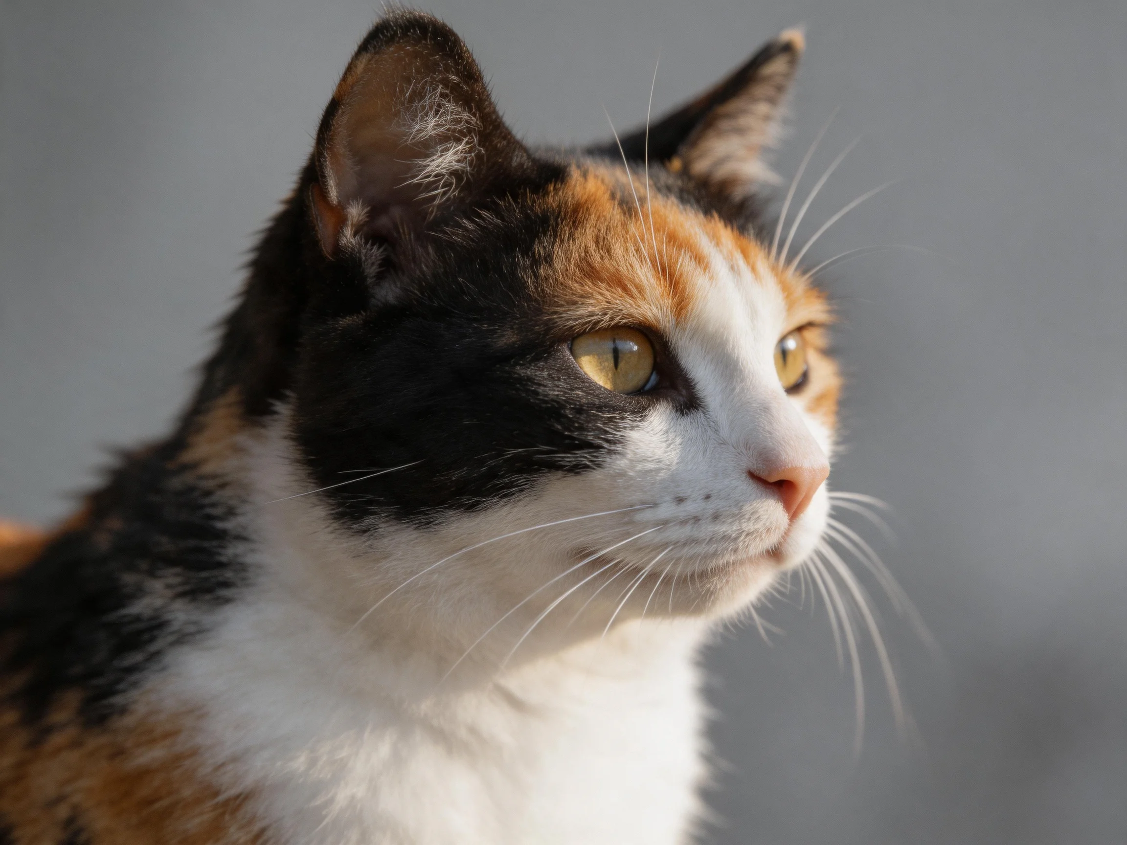 A close-up of a tricolor calico cat gazes attentively.