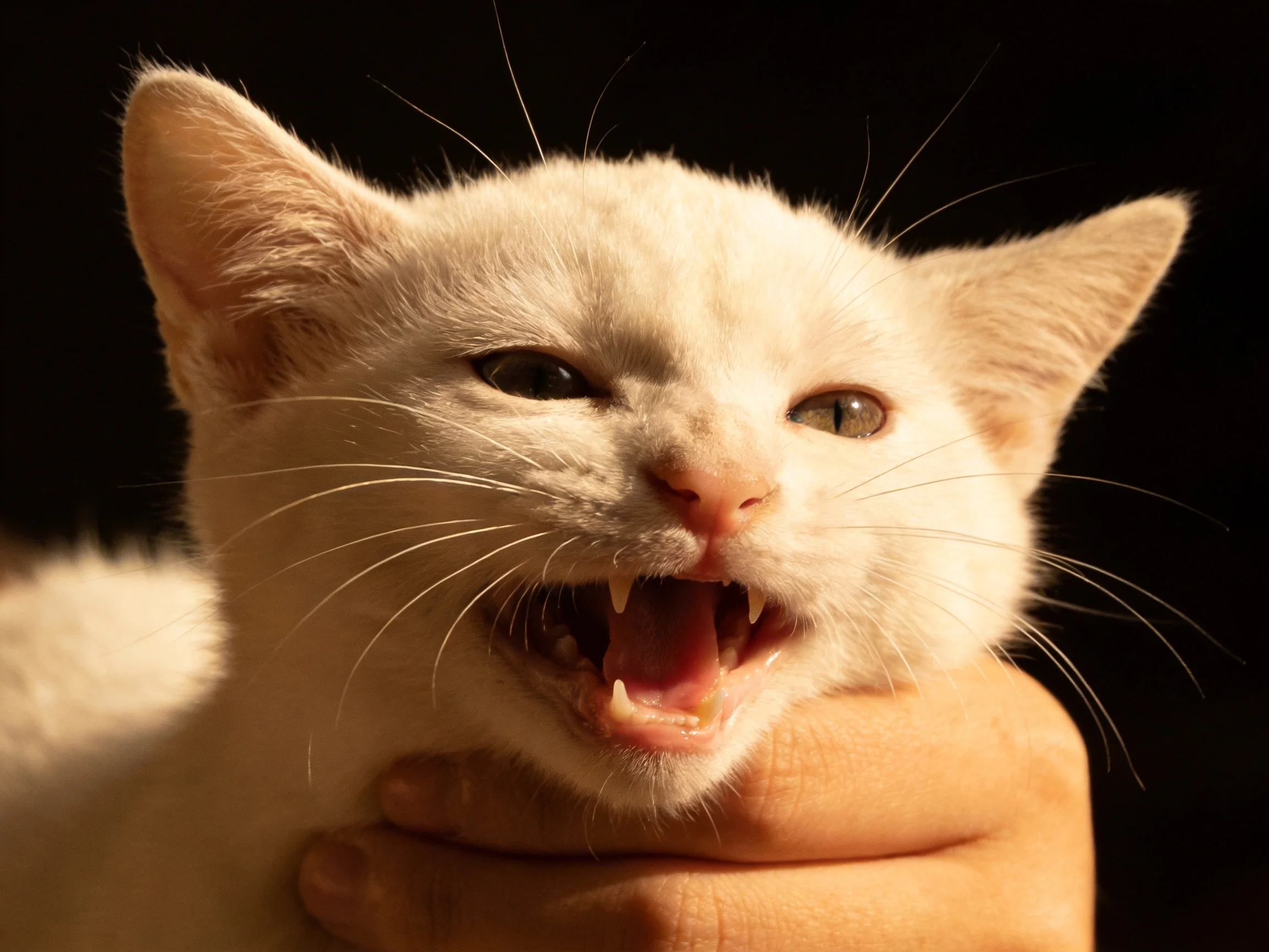 A close-up of a white kitten with an open mouth being held by a hand