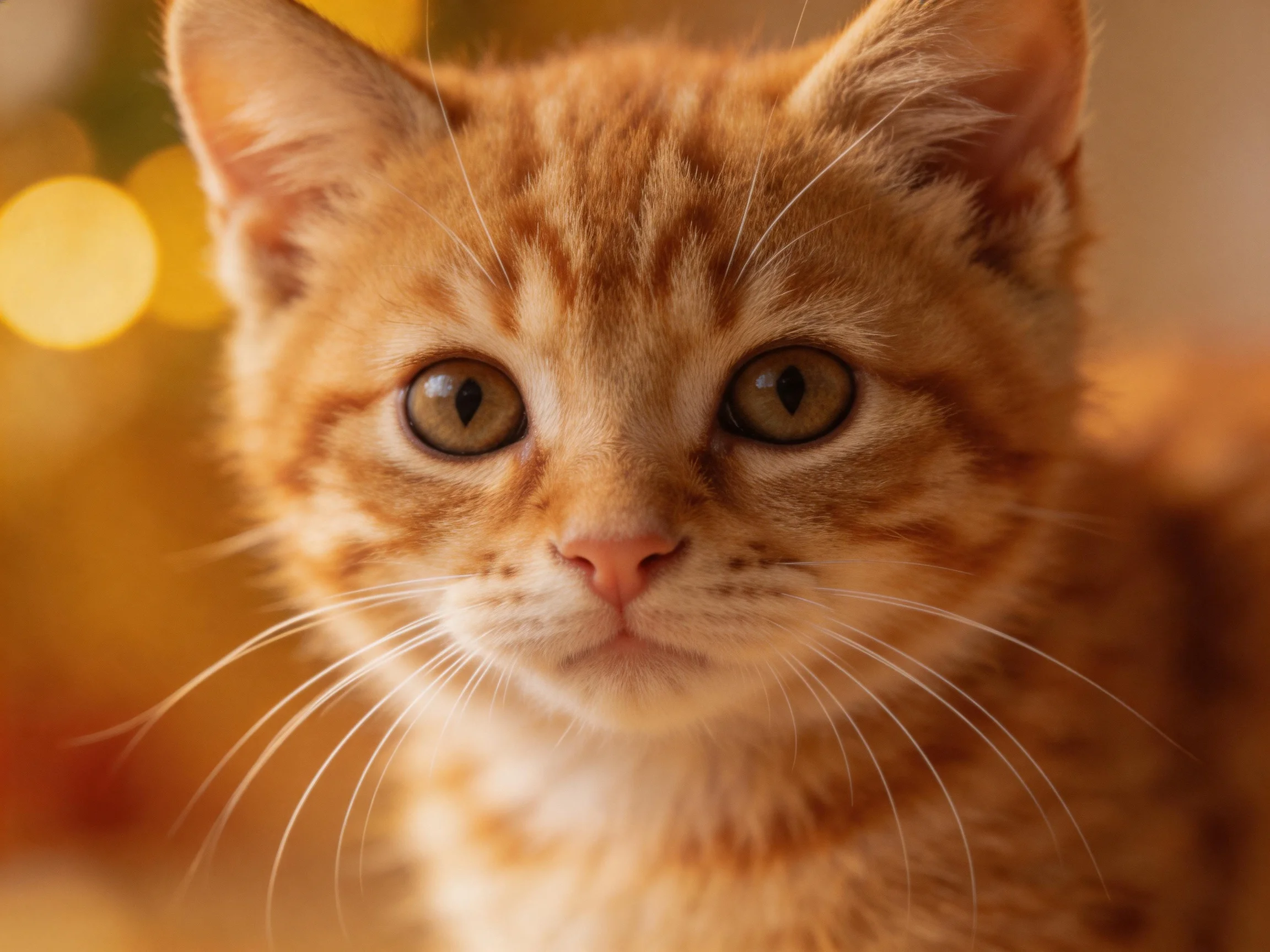 A young orange tabby kitten stares directly ahead with large eyes among warm, blurred lights.