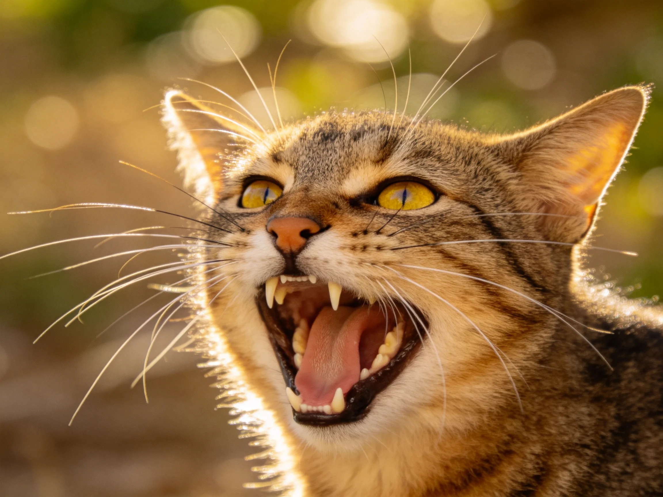 A close-up of an angry tabby cat with bright yellow eyes