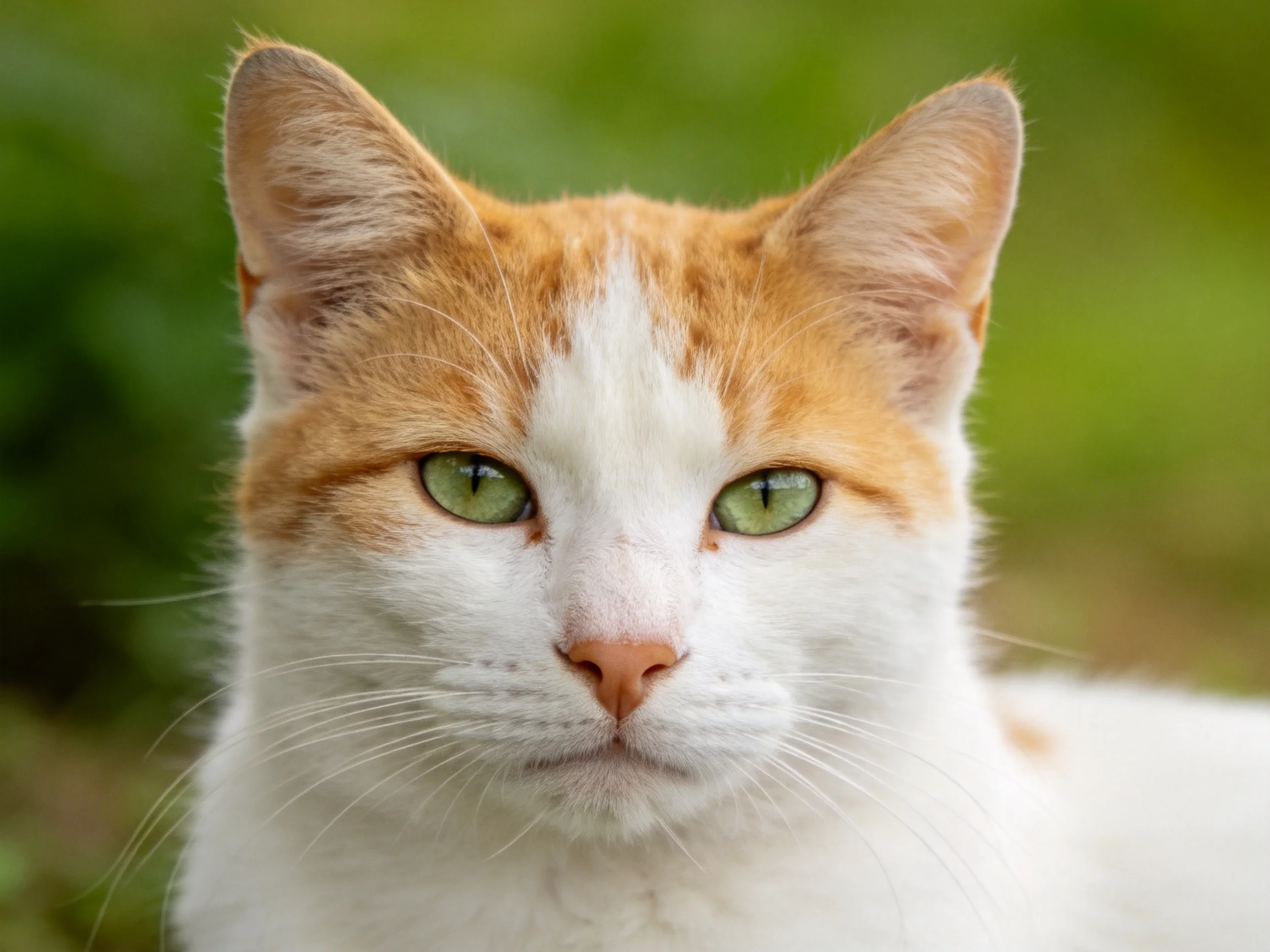 A close-up shows an orange and white cat with green eyes.