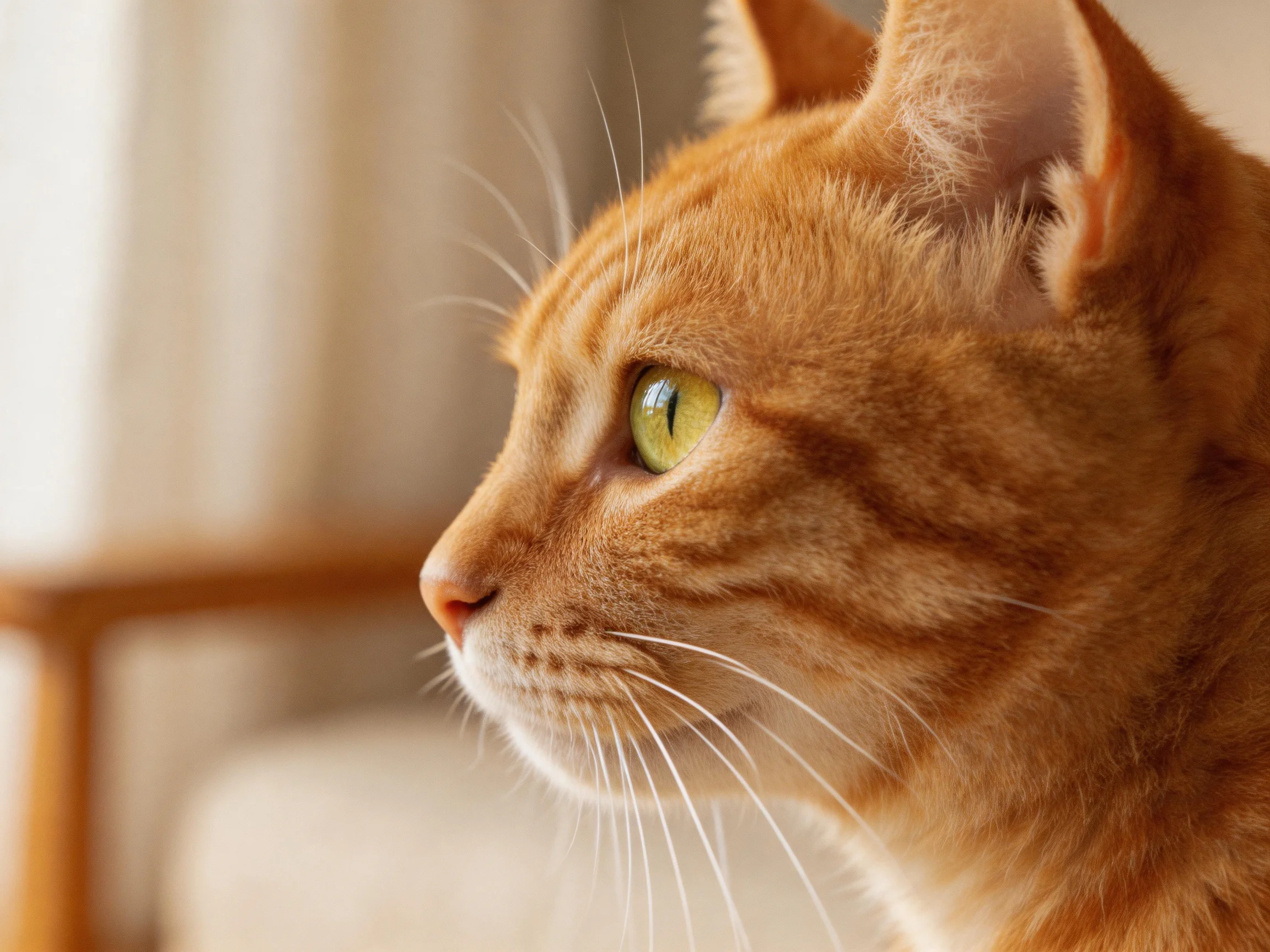 An orange tabby cat gazes intently in a softly lit indoor setting.