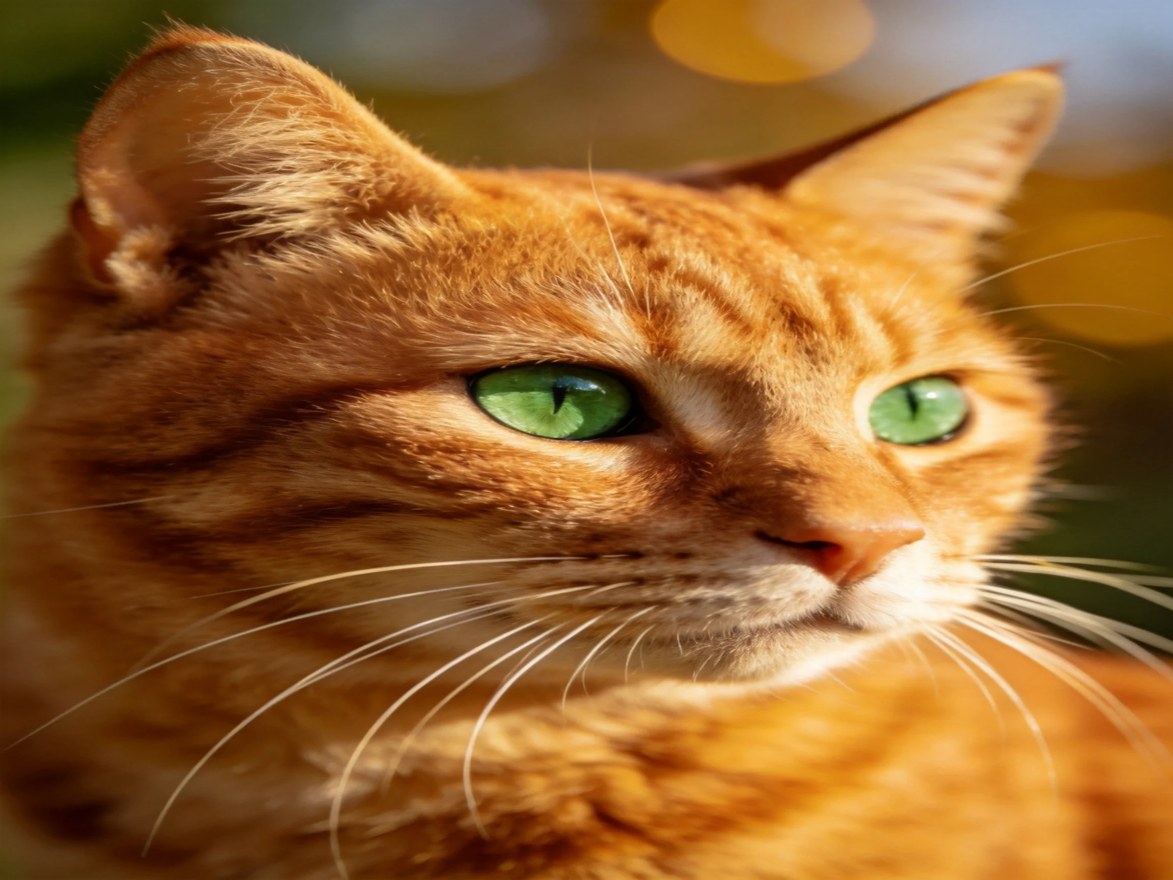 An orange tabby cat with green eyes is shown in a close-up.
