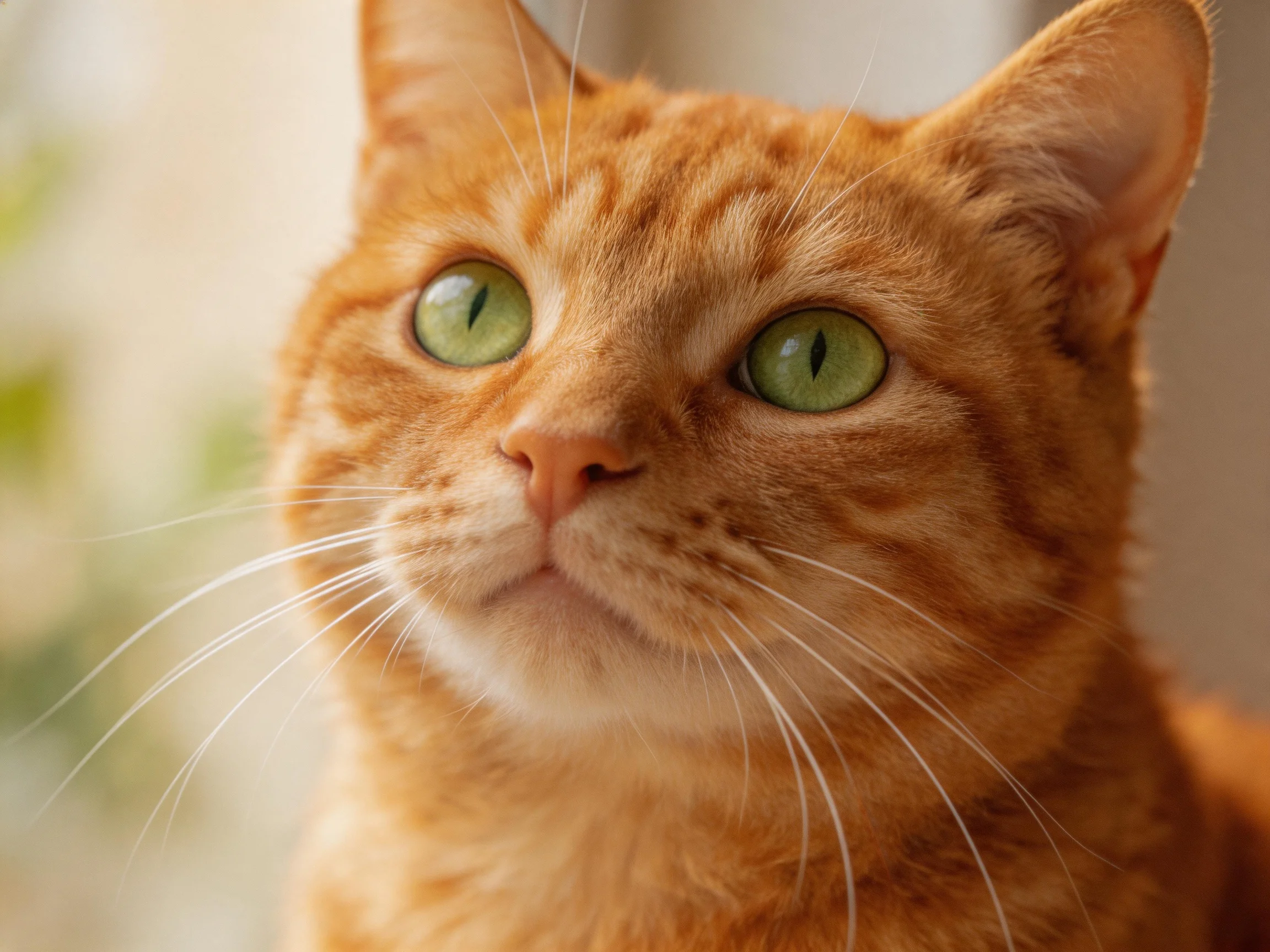 An orange tabby cat gazes upward with vivid green eyes.