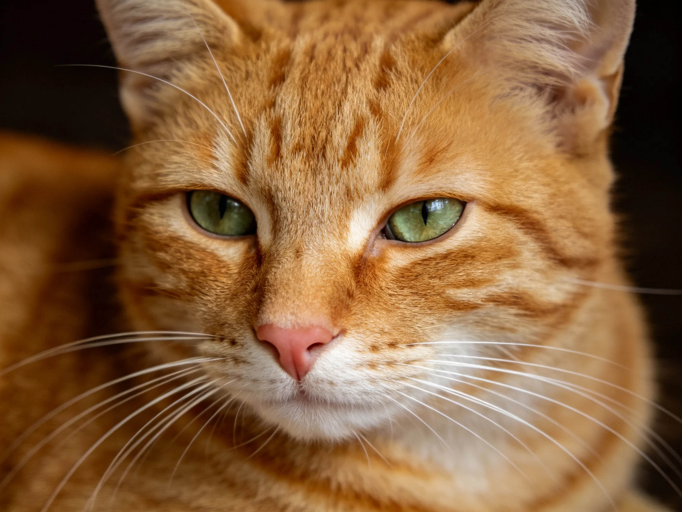 A close-up shows an orange tabby cat with green eyes.