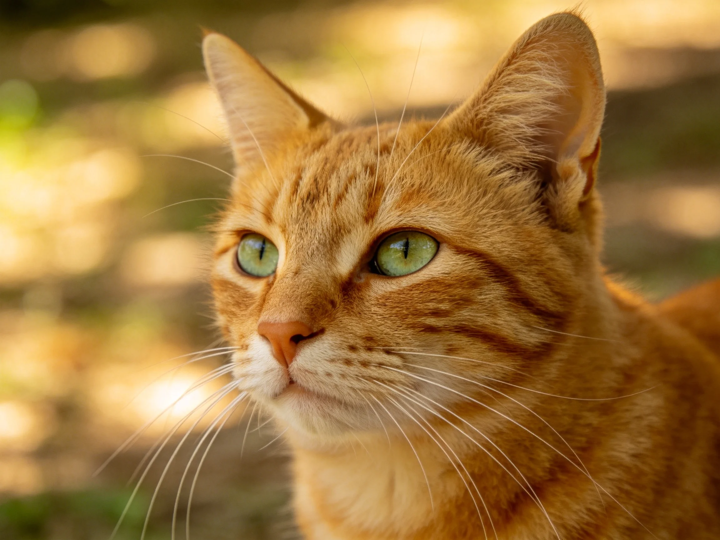 An orange tabby cat gazes attentively in a softly lit outdoor setting.