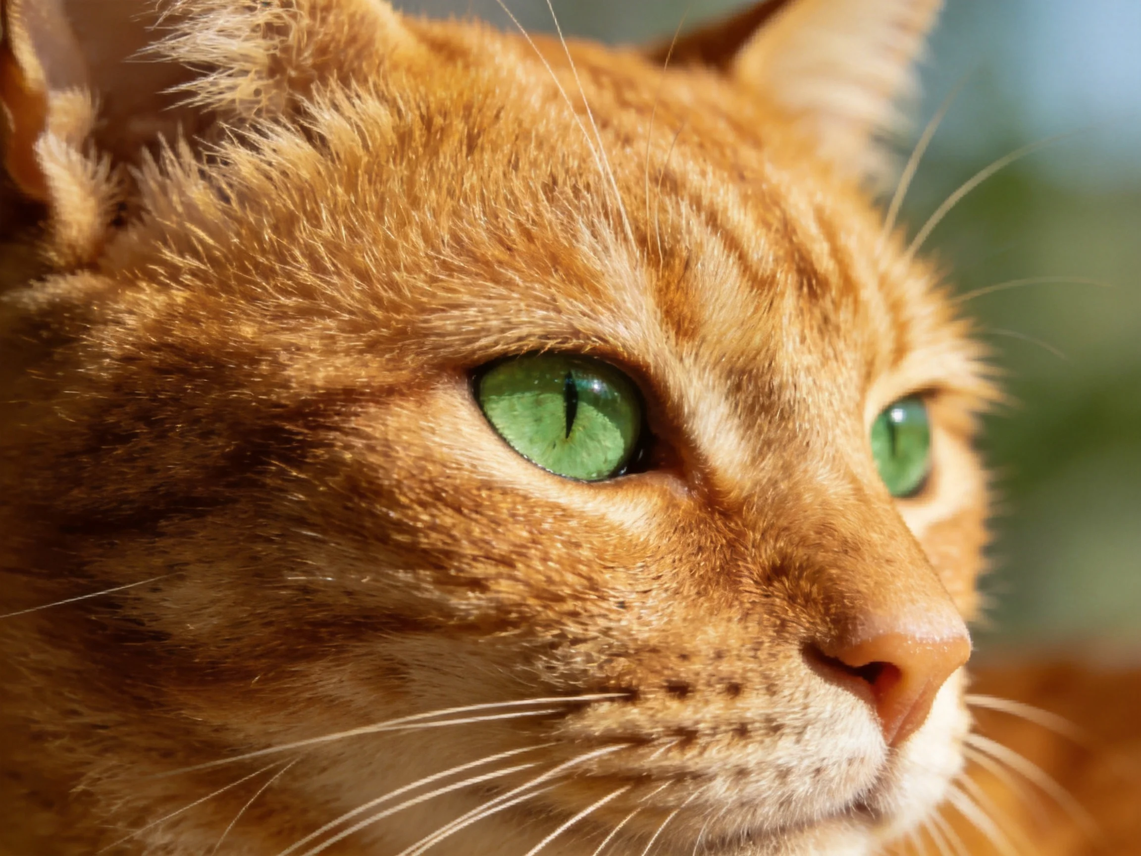 An orange tabby cat with bright green eyes is shown up close.
