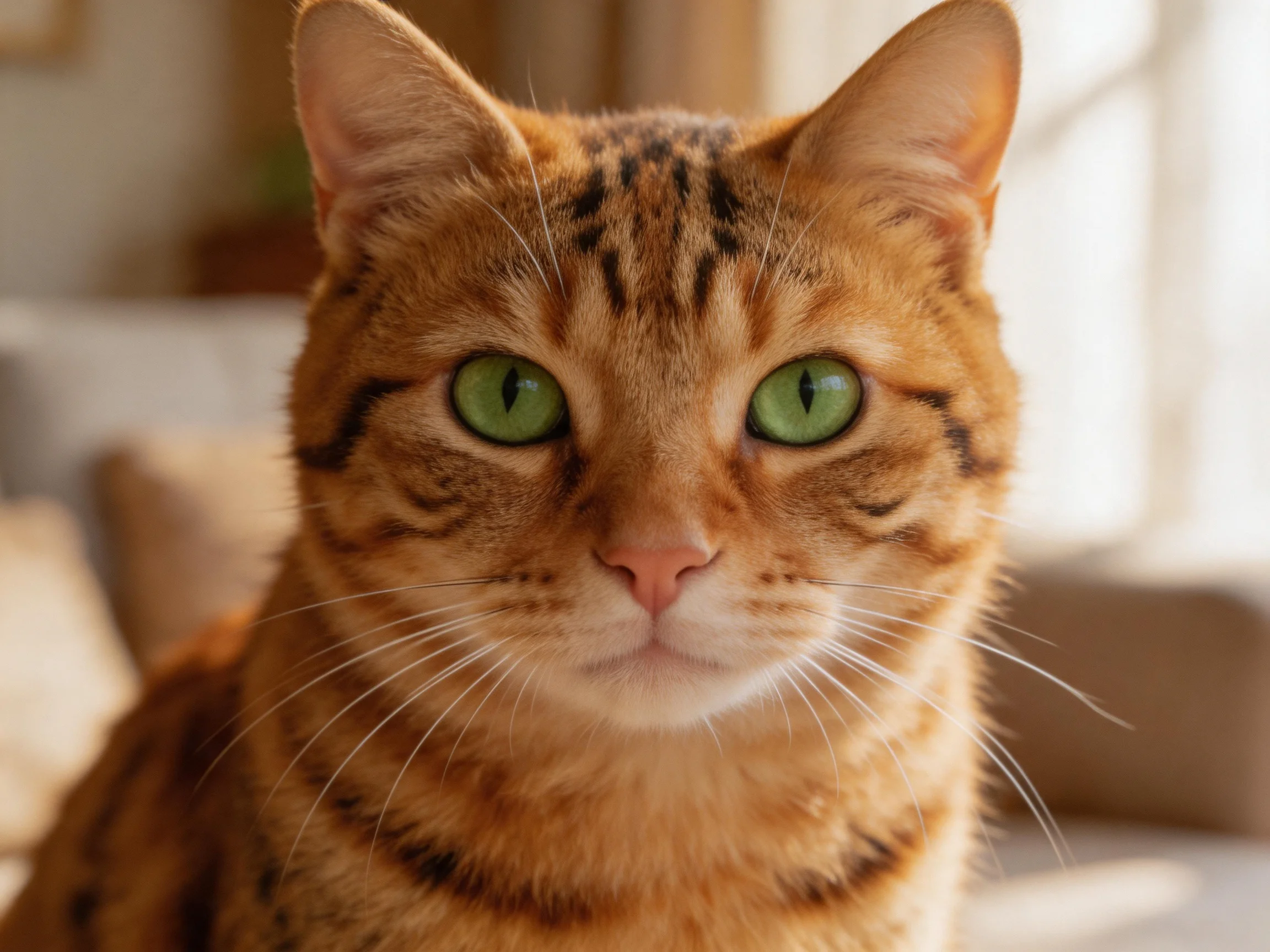 A close-up of an orange tabby cat with bright green eyes in a softly lit indoor setting.