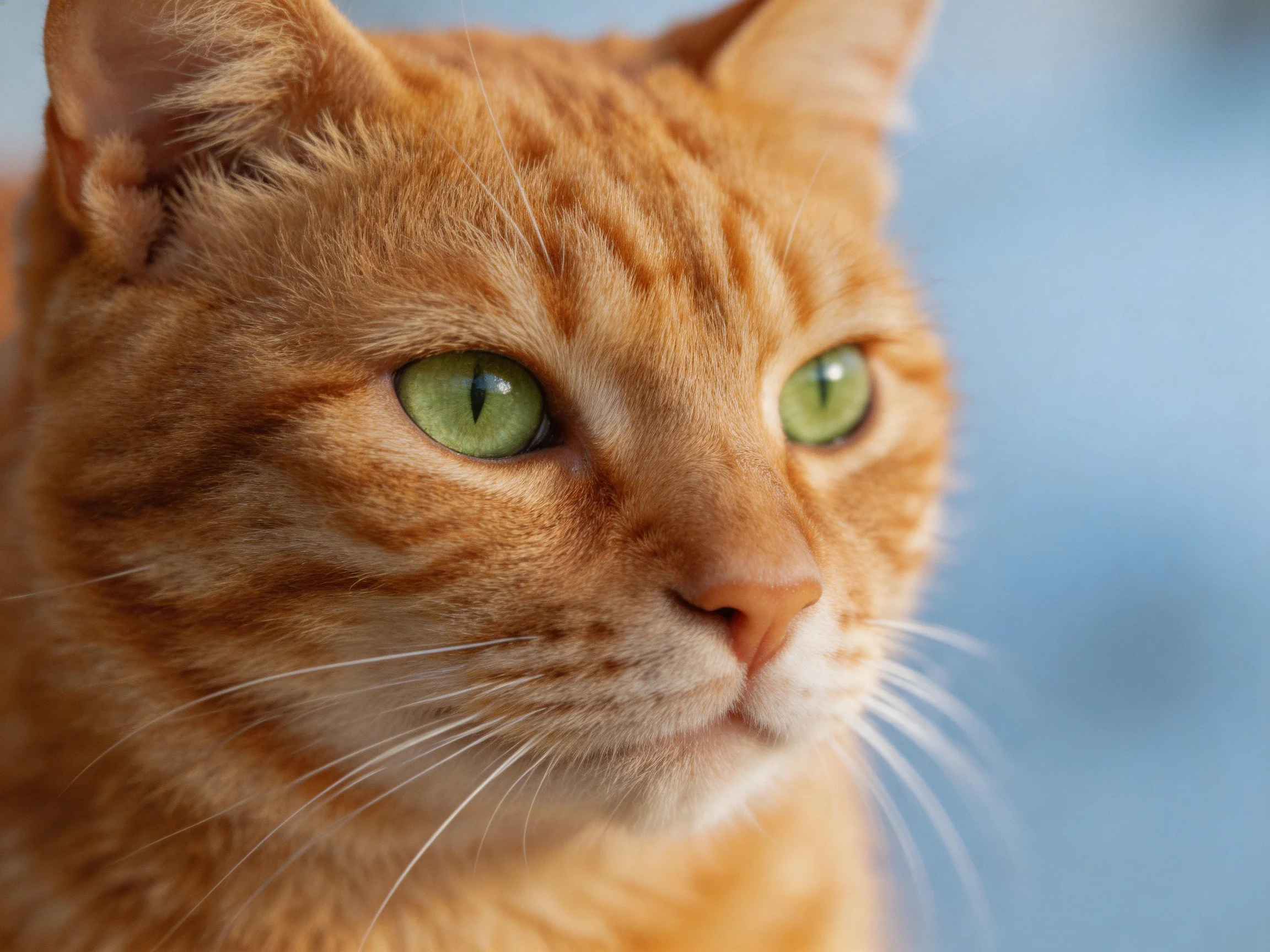 A close-up shows an orange tabby cat with striking green eyes.