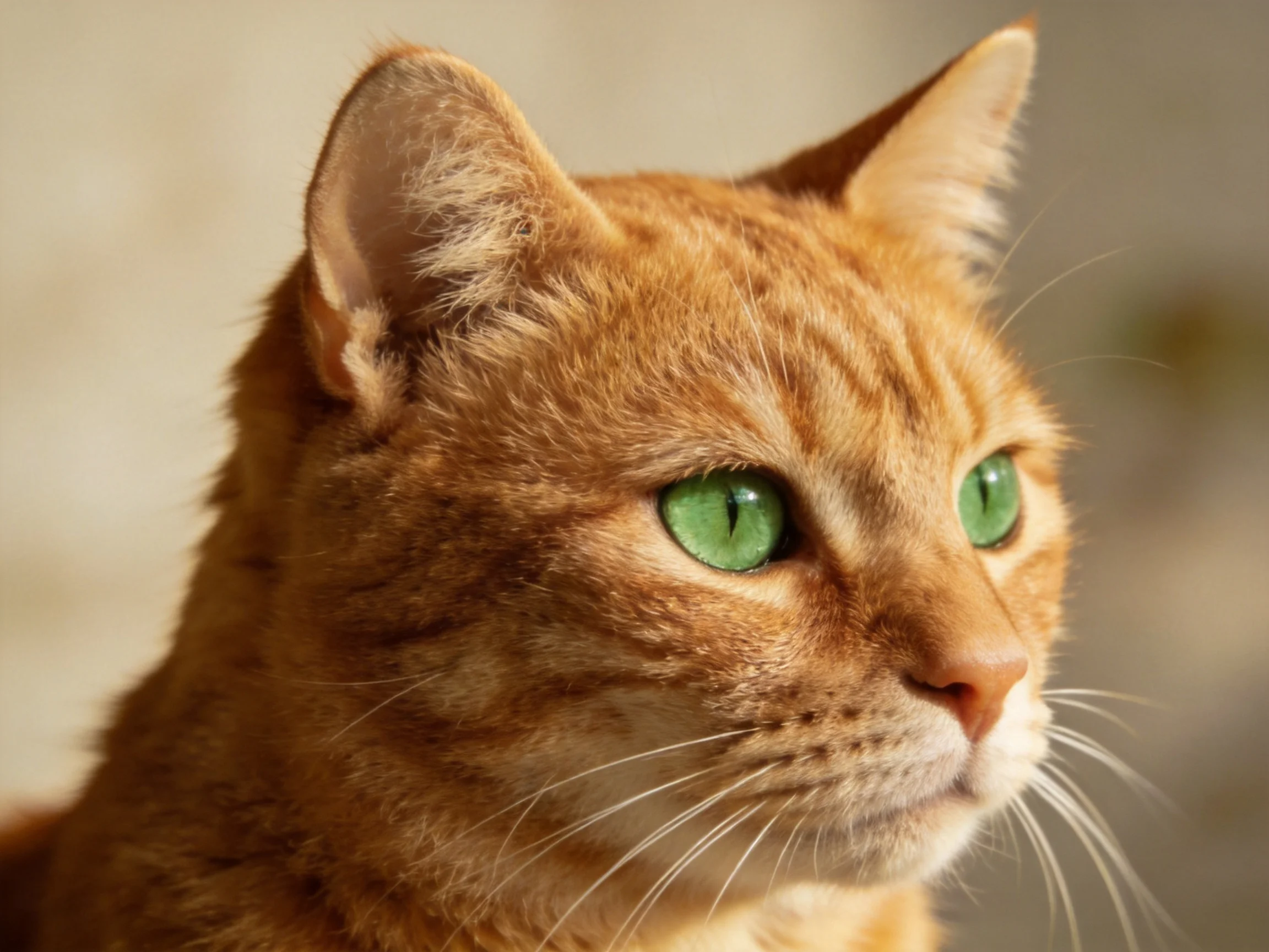 An orange tabby cat with bright green eyes looks attentively.