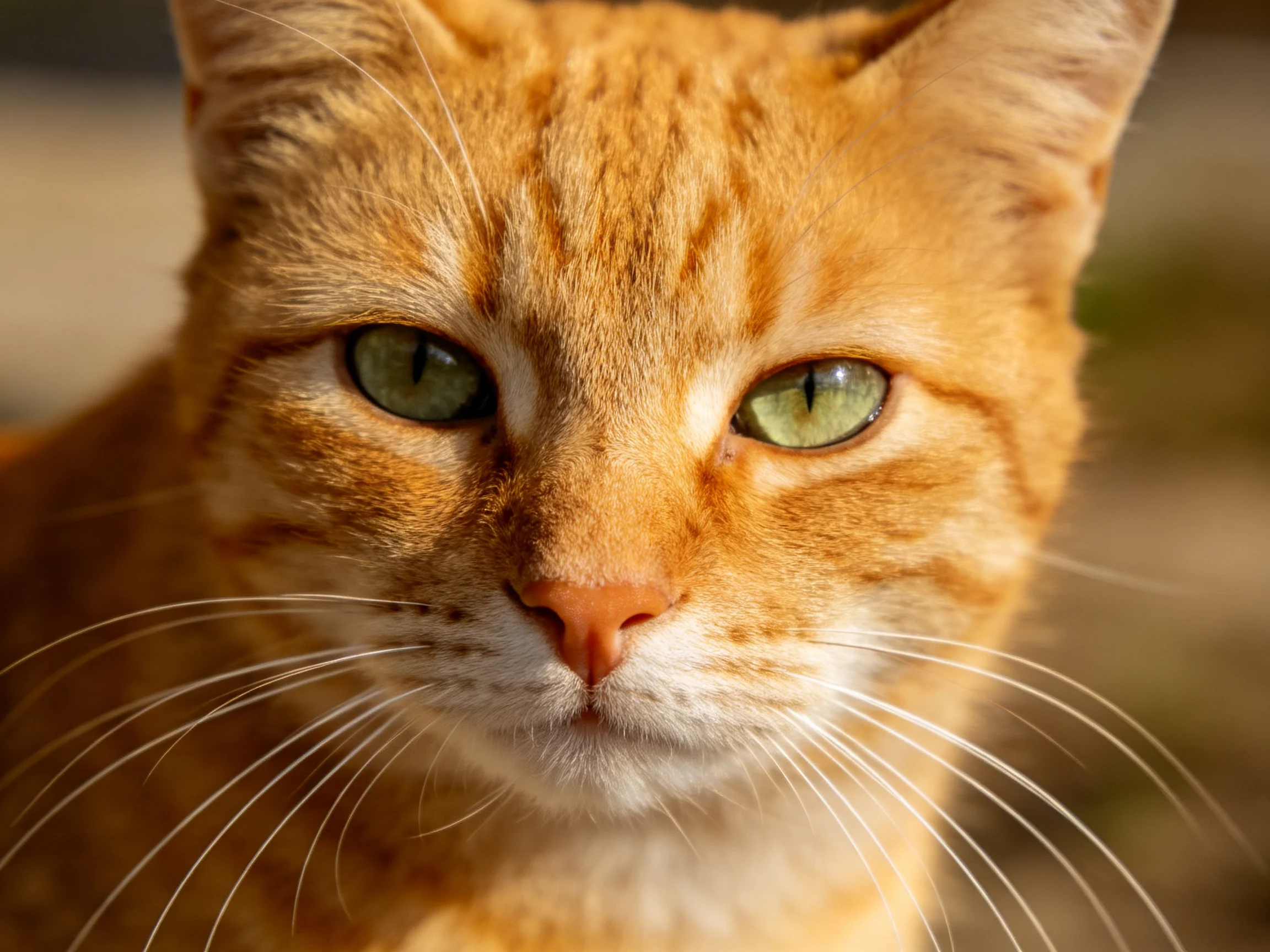 A close-up shows an orange tabby cat with vivid green eyes.