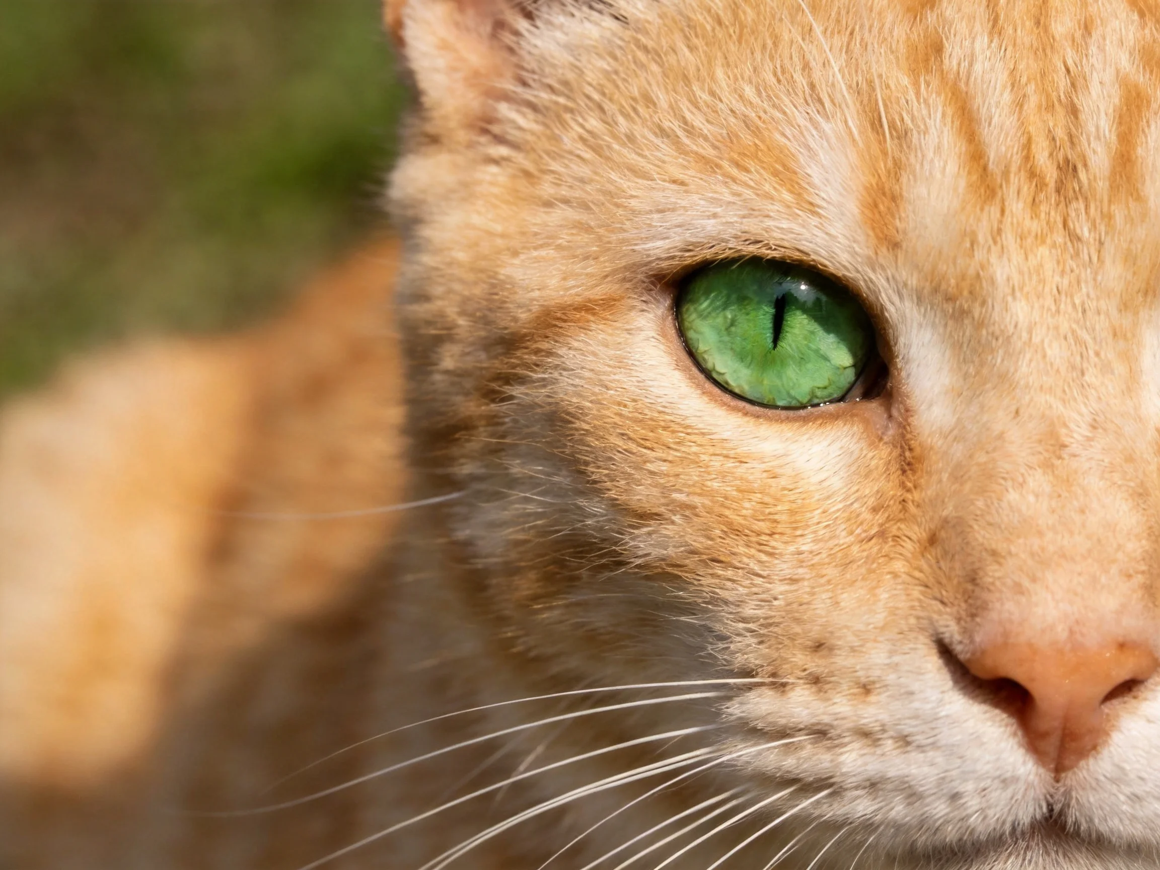 A close-up of an orange tabby cat with bright green eyes in a blurred outdoor setting.