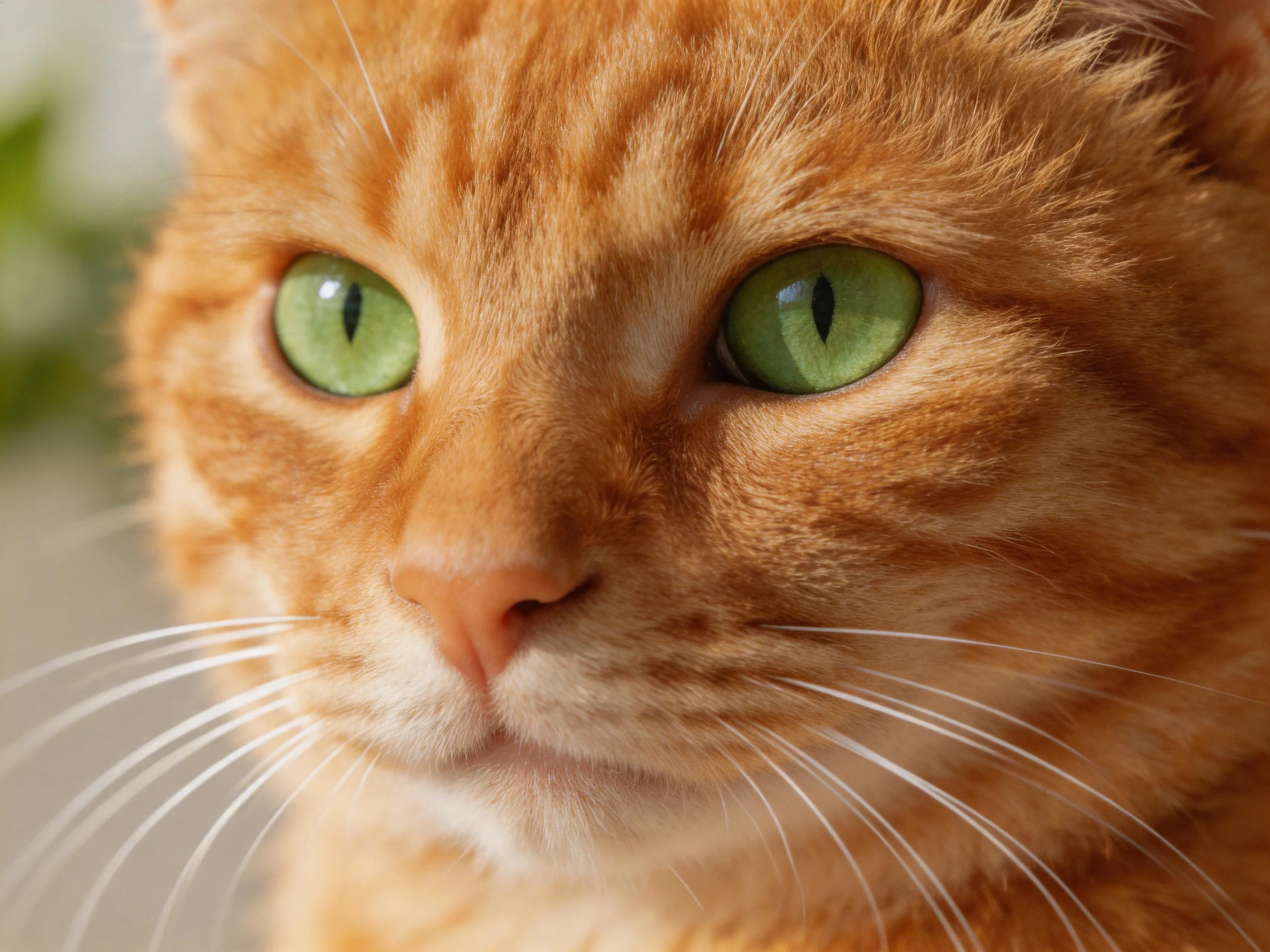 An orange tabby cat with bright green eyes is shown in a close-up.