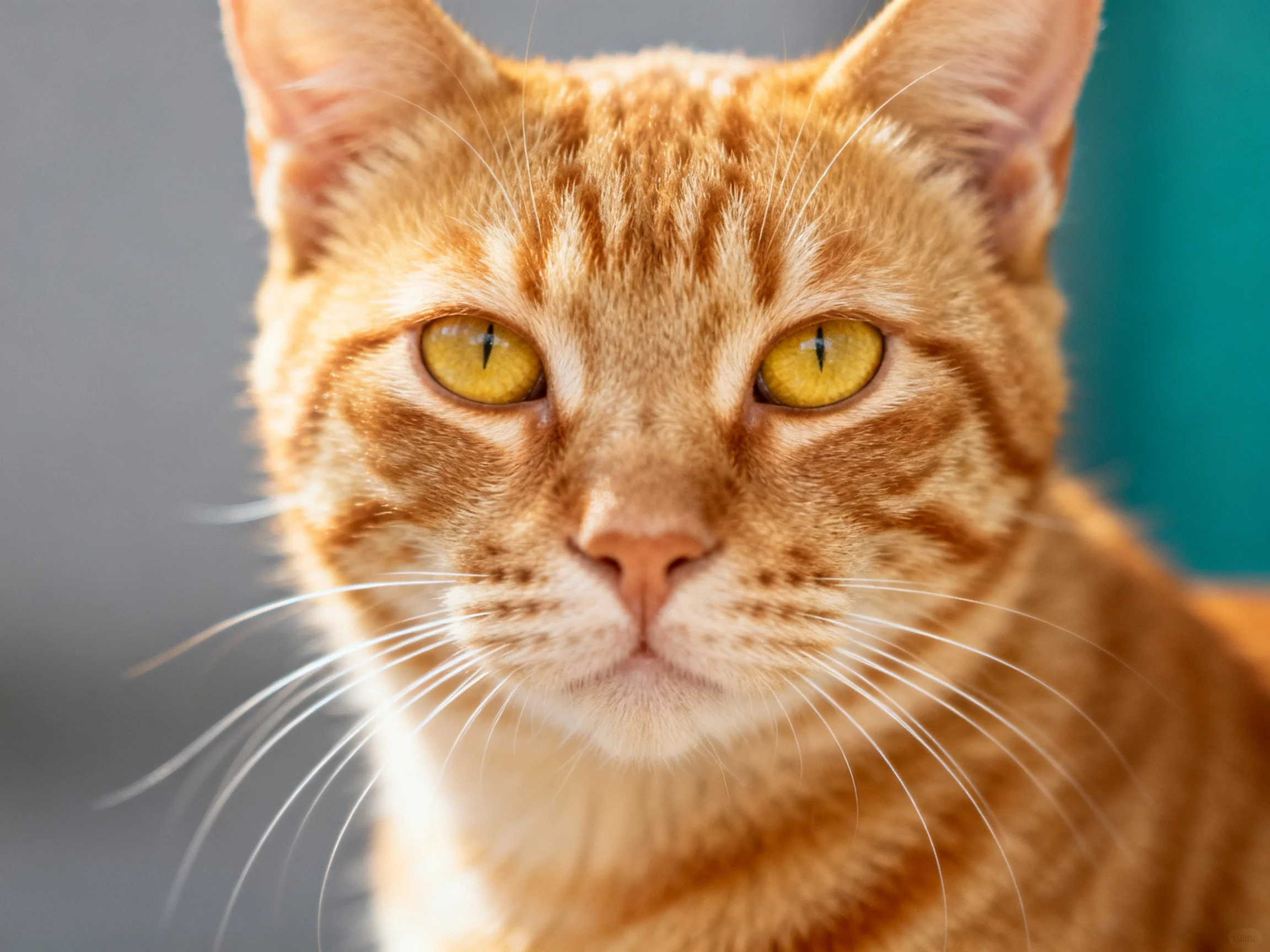 An orange tabby cat with bright yellow eyes is featured in a close - up photograph.