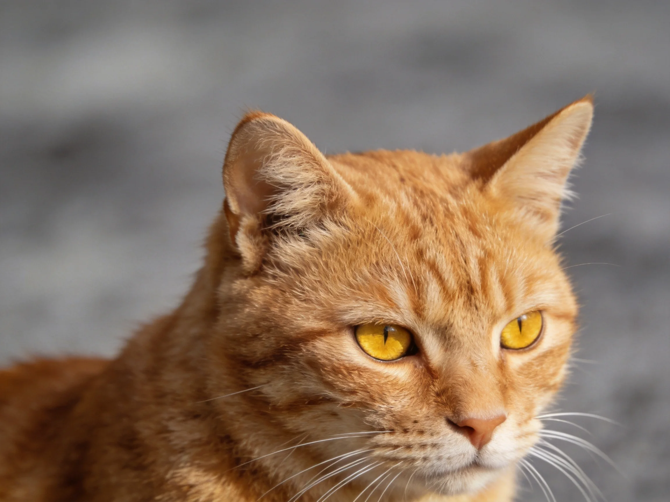 An orange tabby cat with bright yellow eyes is captured in a close-up.