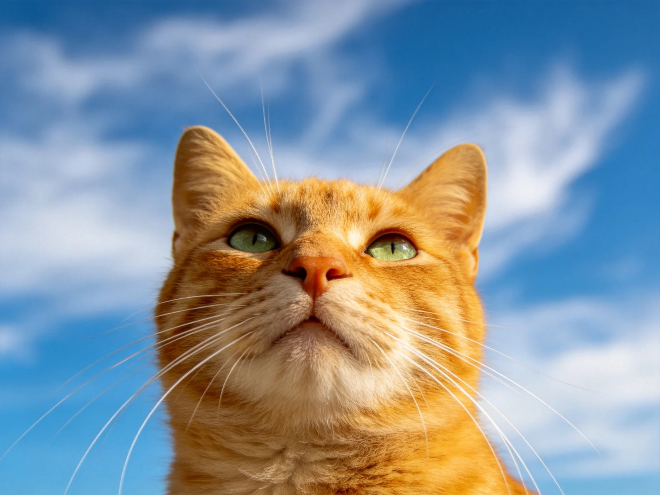 An orange tabby cat gazes upward against a bright blue sky.