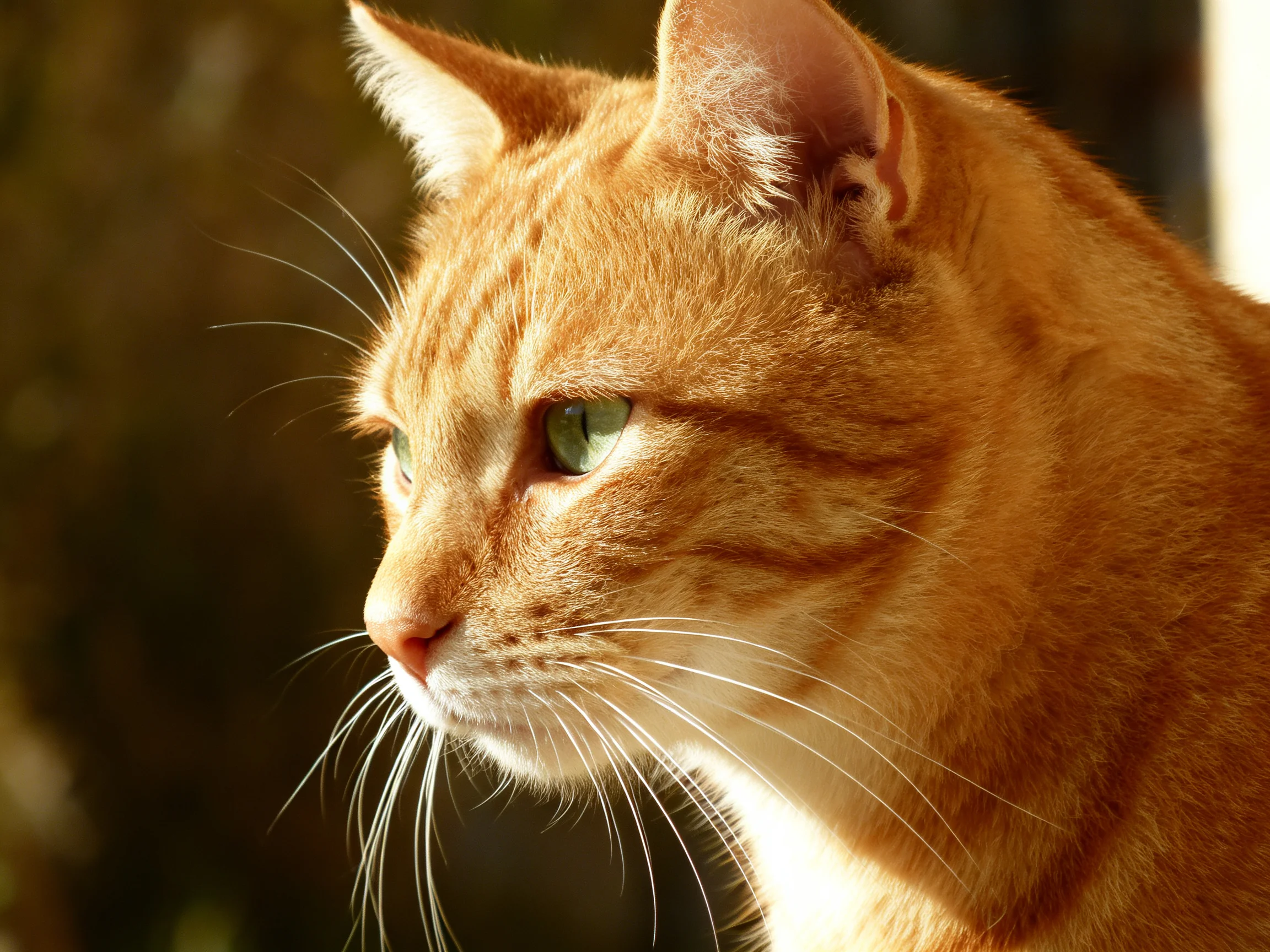 An orange tabby cat gazes thoughtfully in soft natural light.