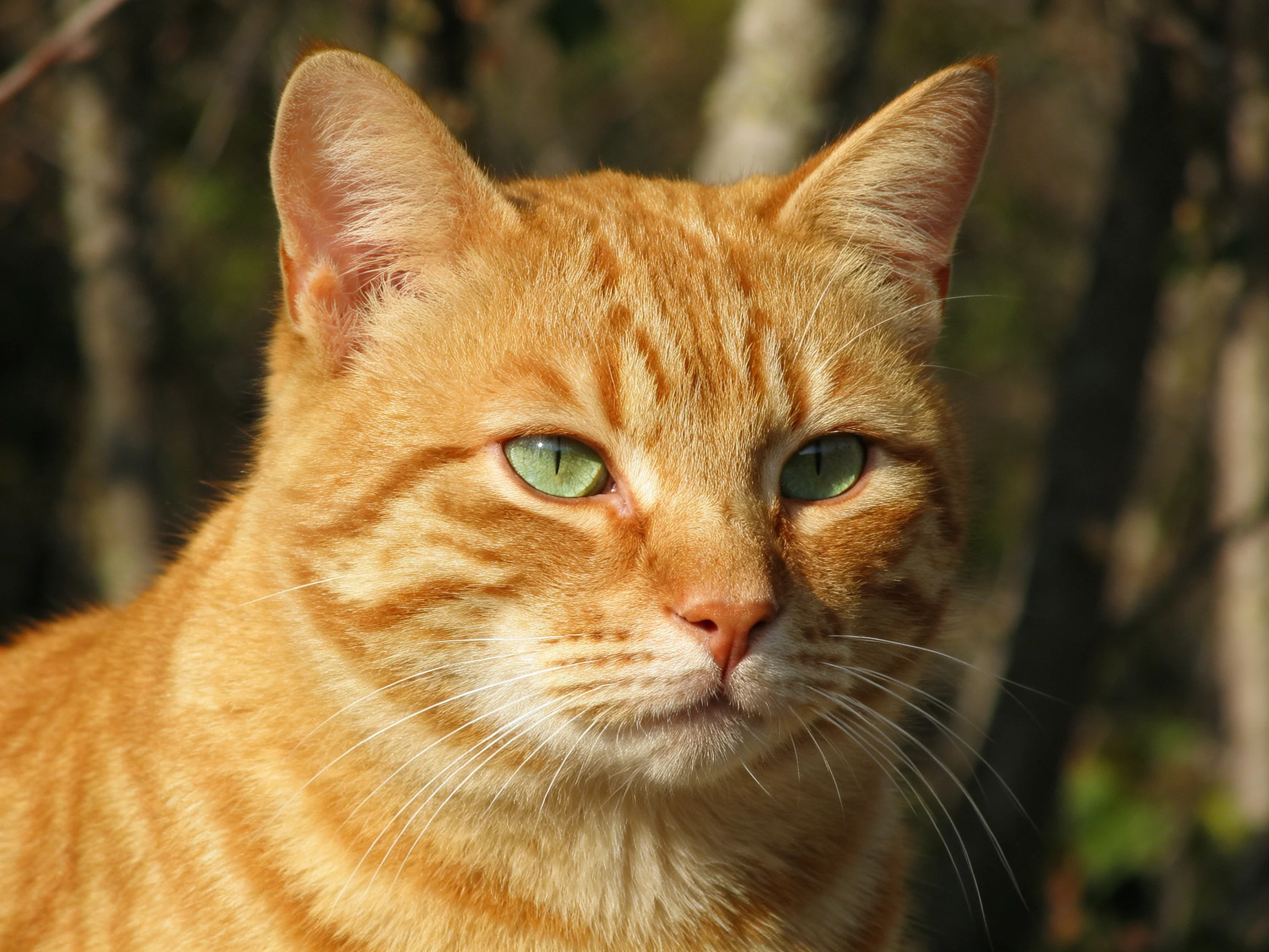 A close-up of an orange tabby cat with green eyes in an outdoor setting.